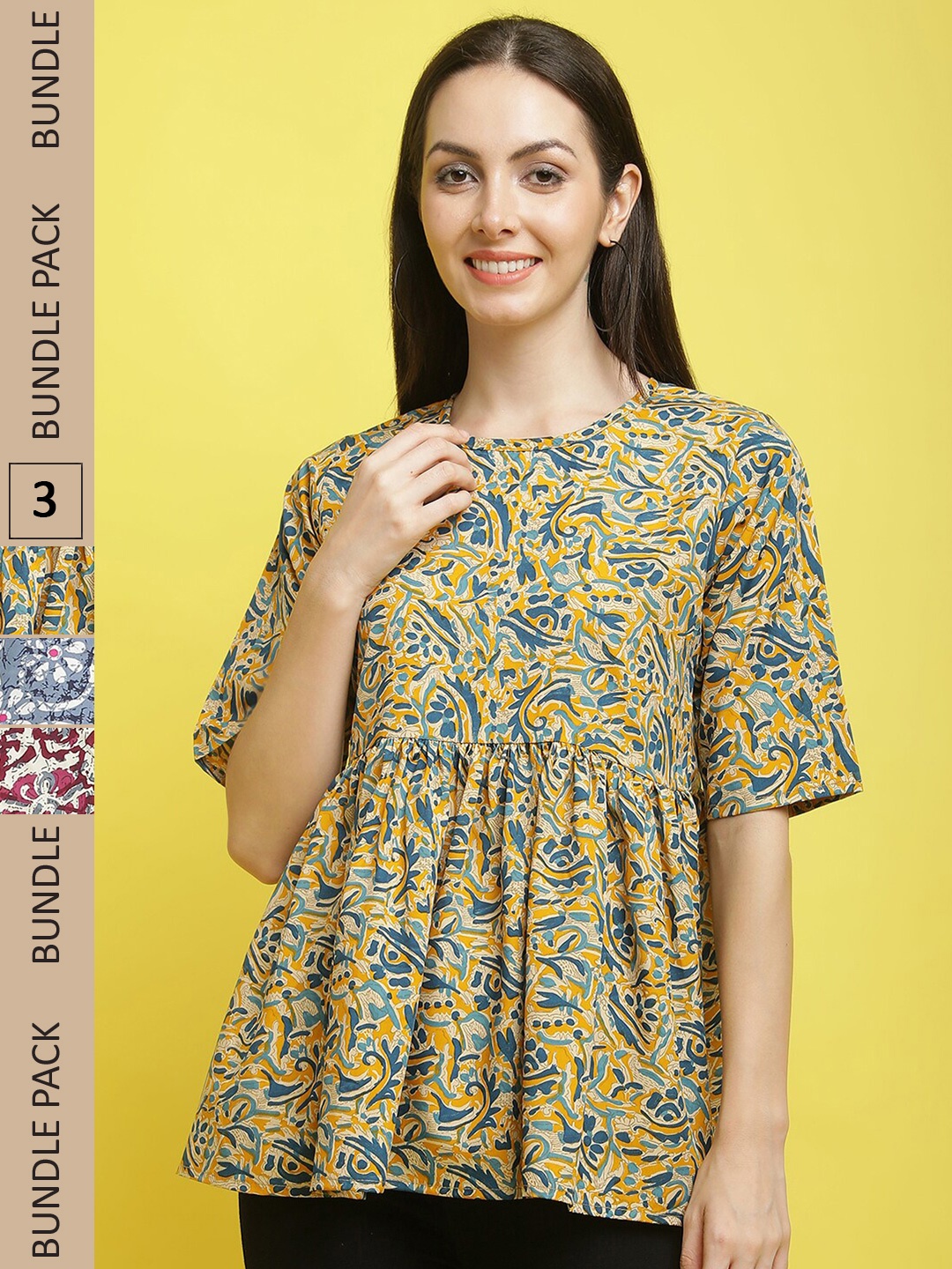 

Poshyaa Pack Of 3 Floral And Abstract Printed Casual Crepe Tops, Mustard