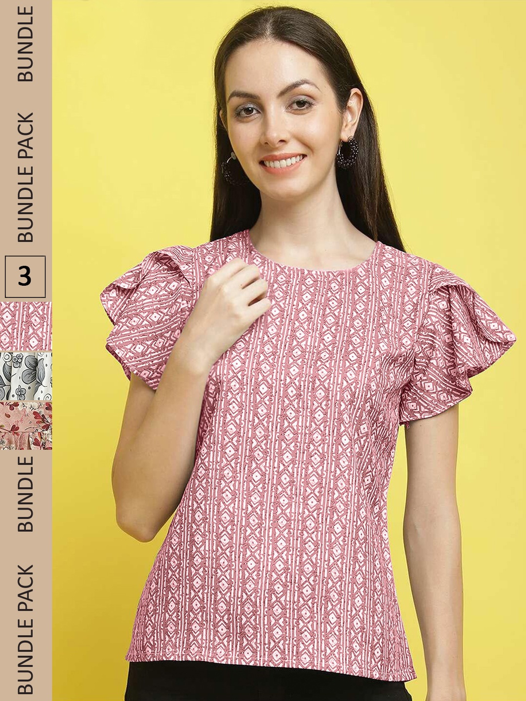 

Poshyaa Pack Of 3 Floral Printed Casual Crepe Tops, Pink