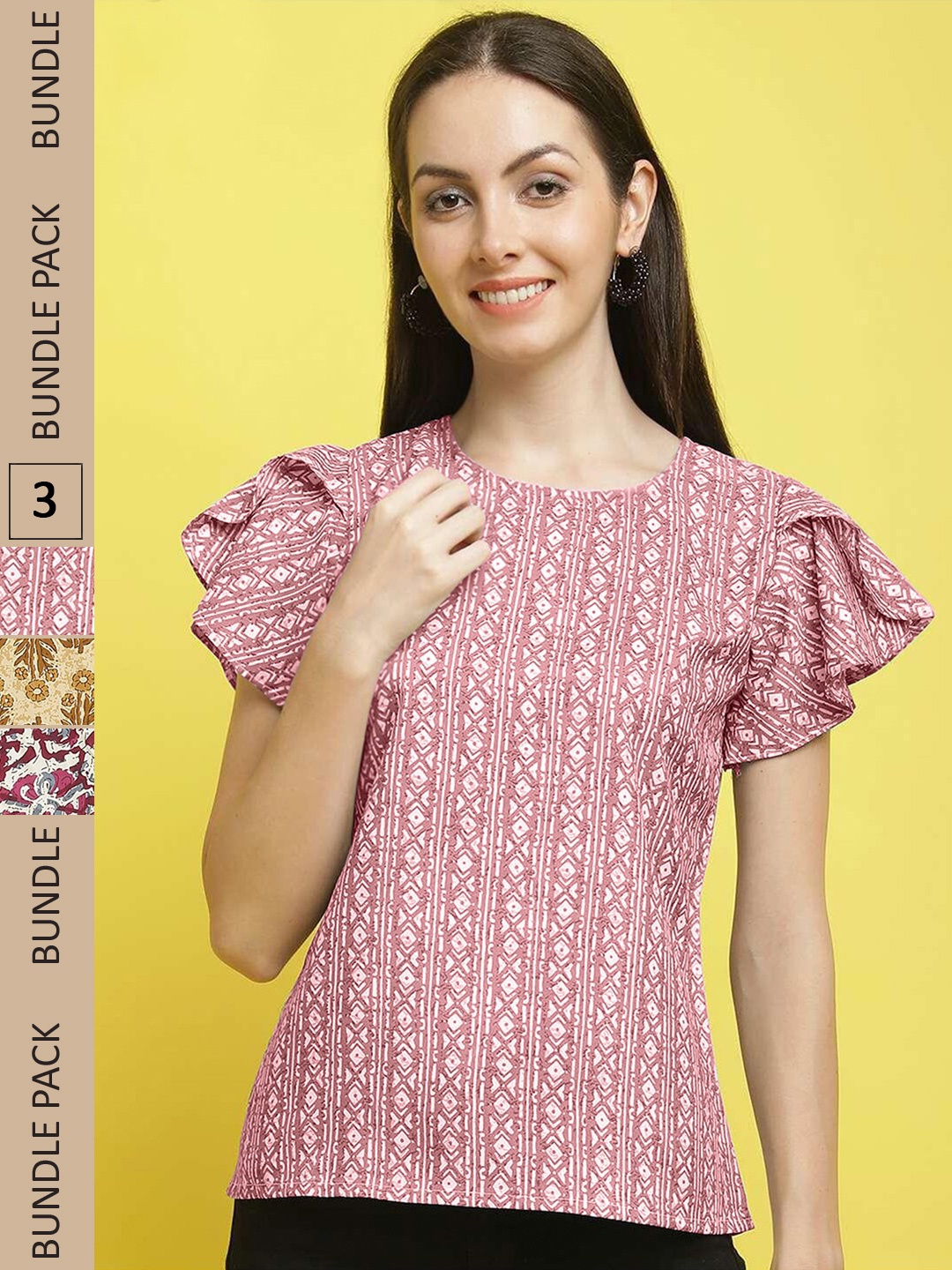 

Poshyaa Pack Of 3 Floral Printed Flared Sleeves Top, Pink