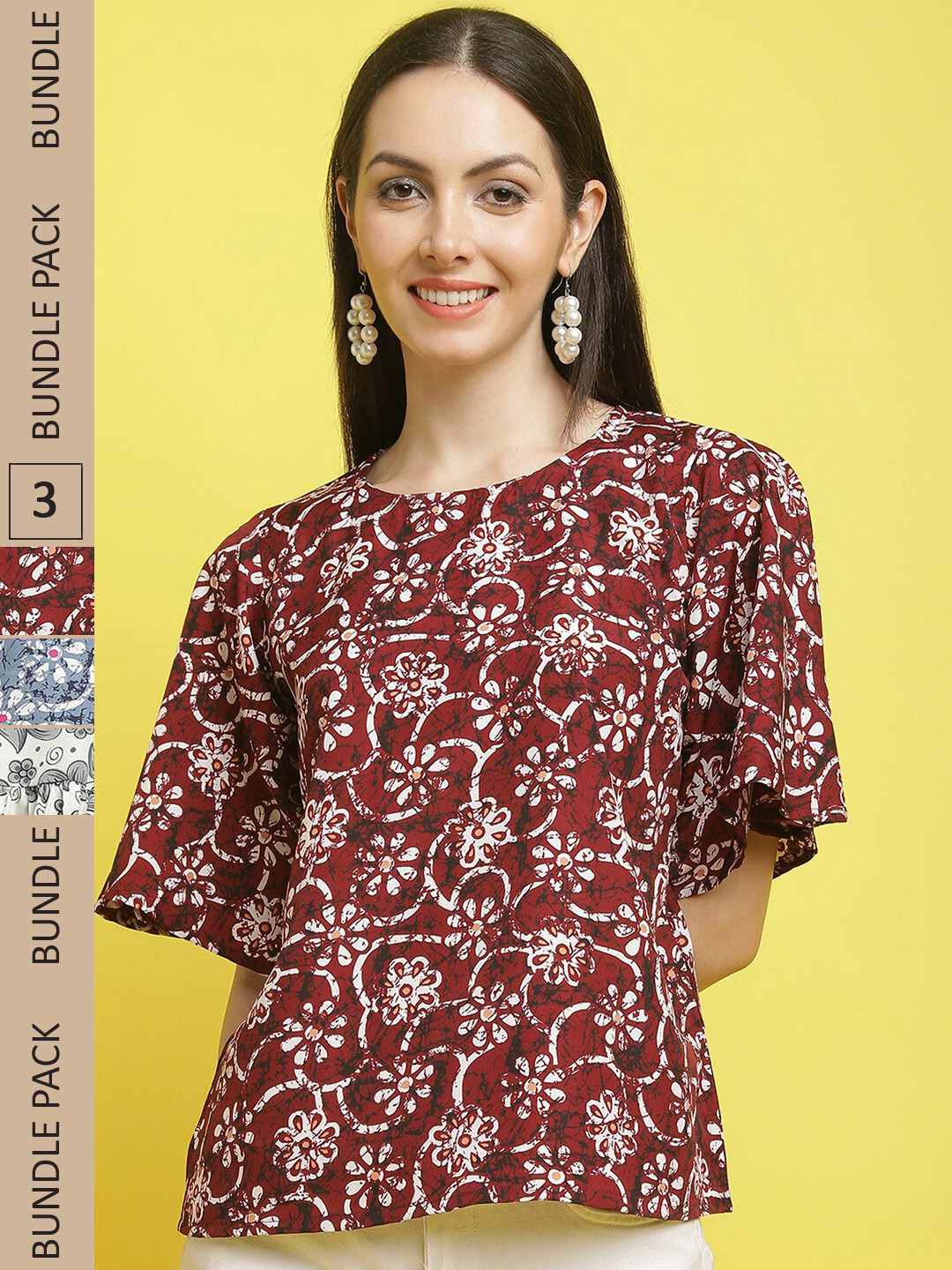 

Poshyaa Pack Of 3 Floral Printed Flared Sleeve Crepe Top, Maroon
