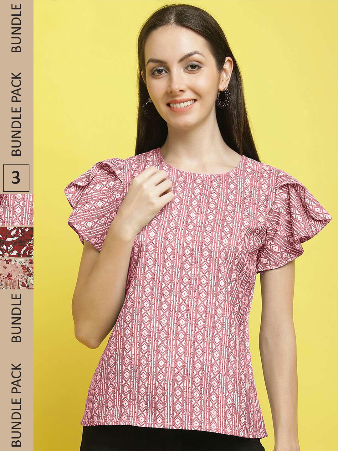 

Poshyaa Pack of 3 Print Flutter Sleeve Crepe Top, Pink