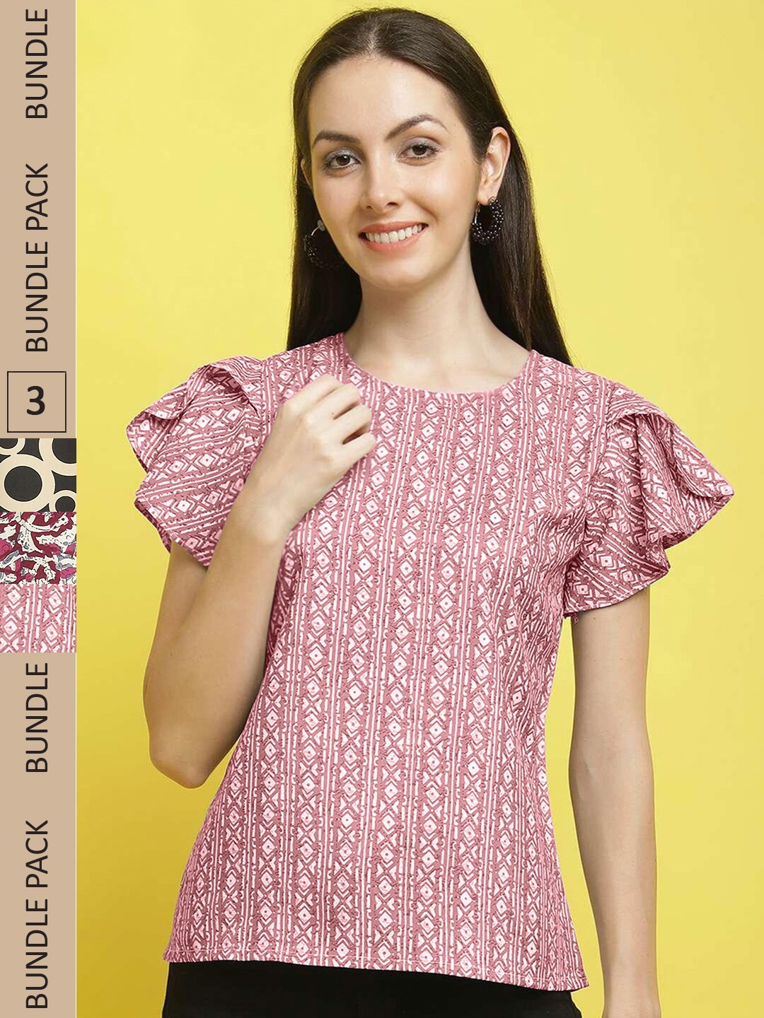 

Poshyaa Pack Of 3 Floral Printed Flutter Sleeve Top, Pink