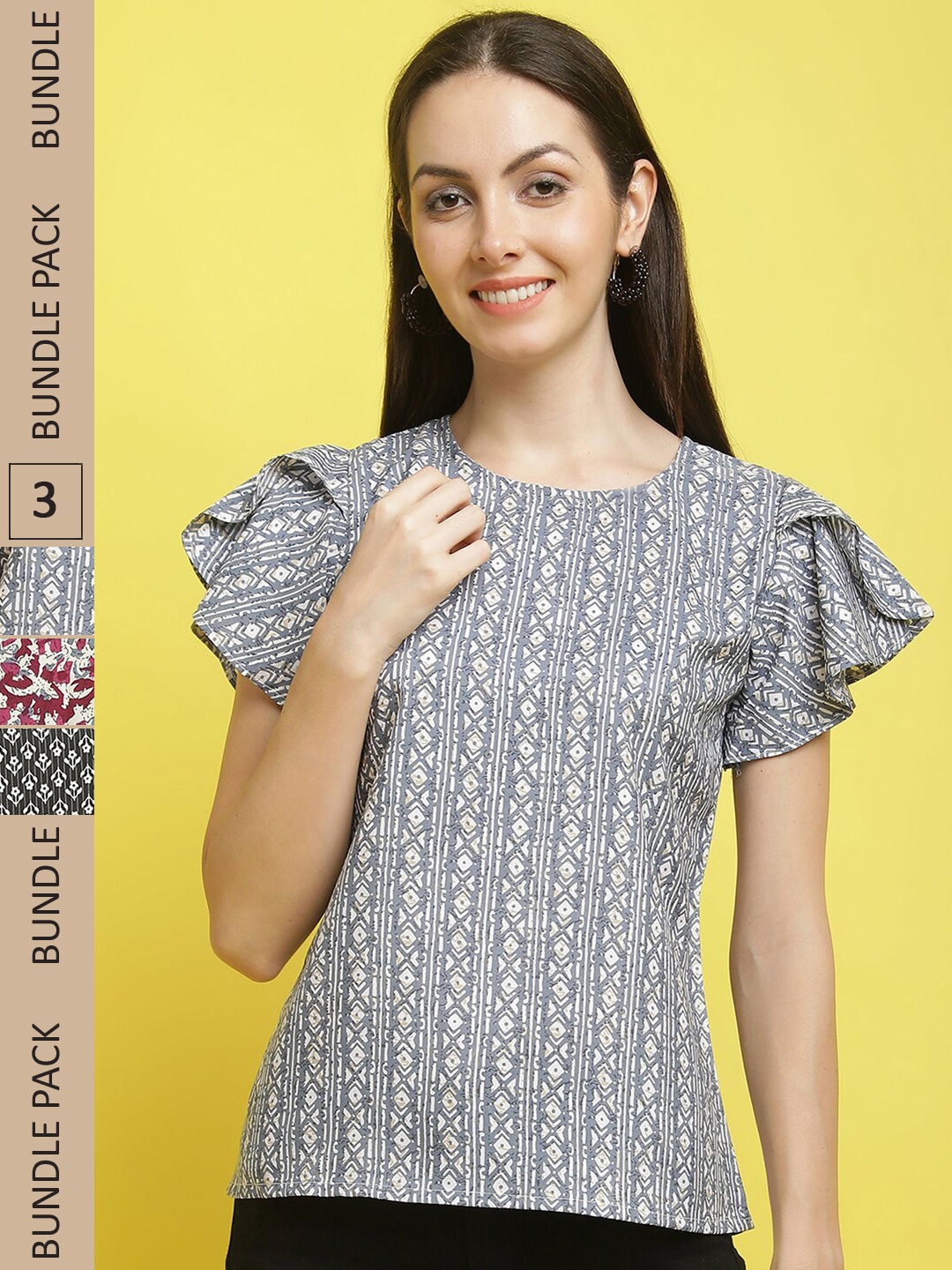 

Poshyaa Pack Of 3 Ethnic Motifs Printed Flutter Sleeves Crepe Tops, Grey