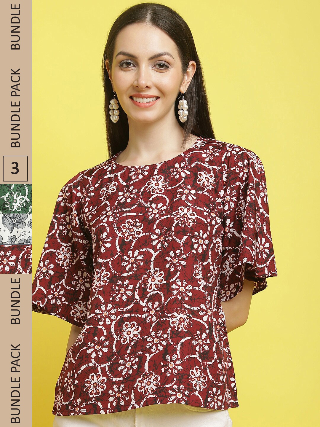 

Poshyaa Pack Of 3 Floral Printed Empire Top, Maroon