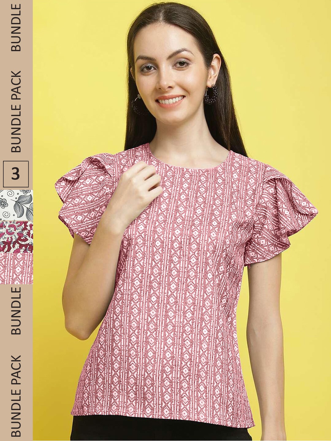 

Poshyaa Pack of 3 Printed Round Neck Crepe Top, Pink
