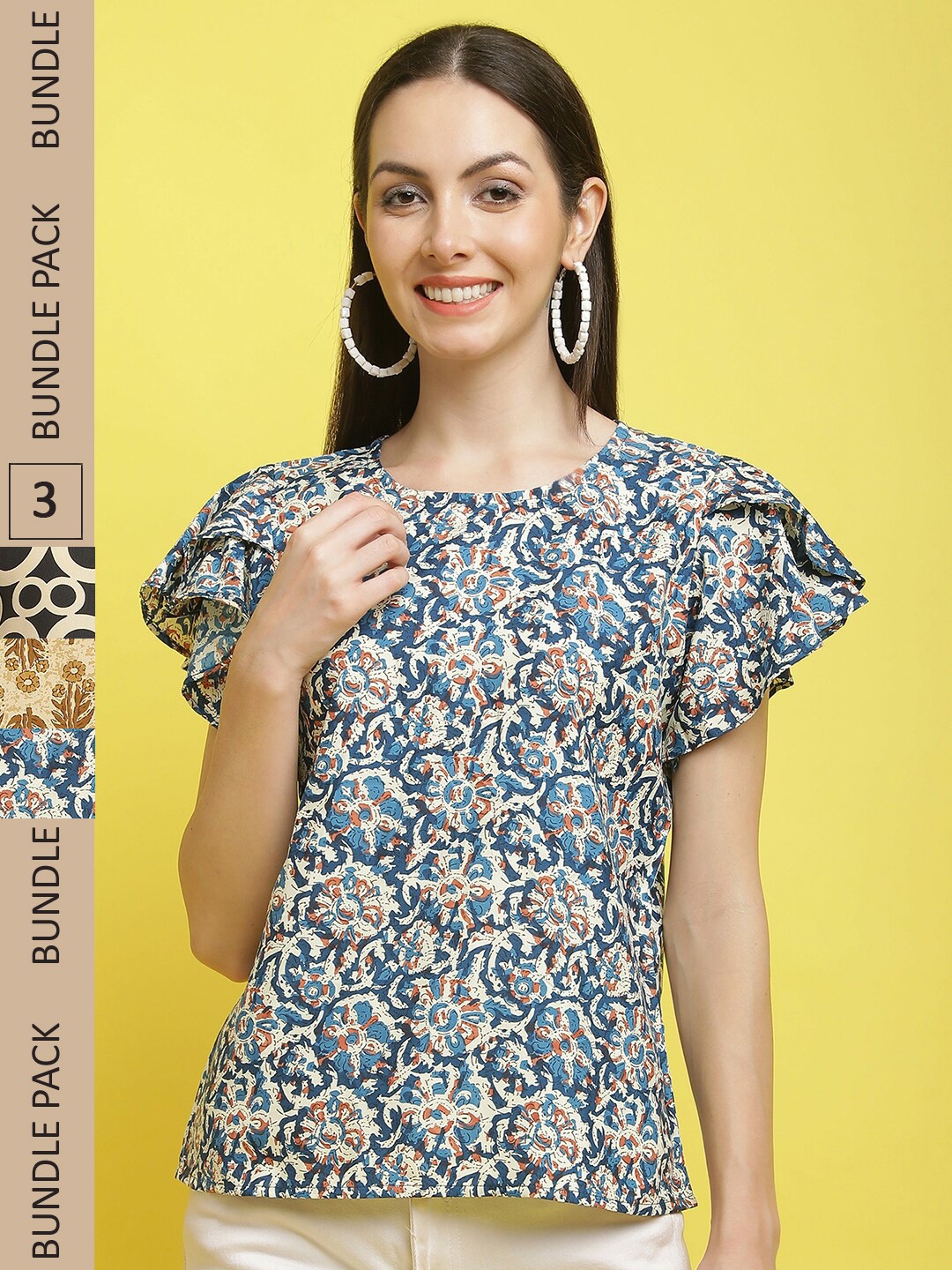 

Poshyaa Pack Of 3 Printed Flutter Sleeve Tops, Blue