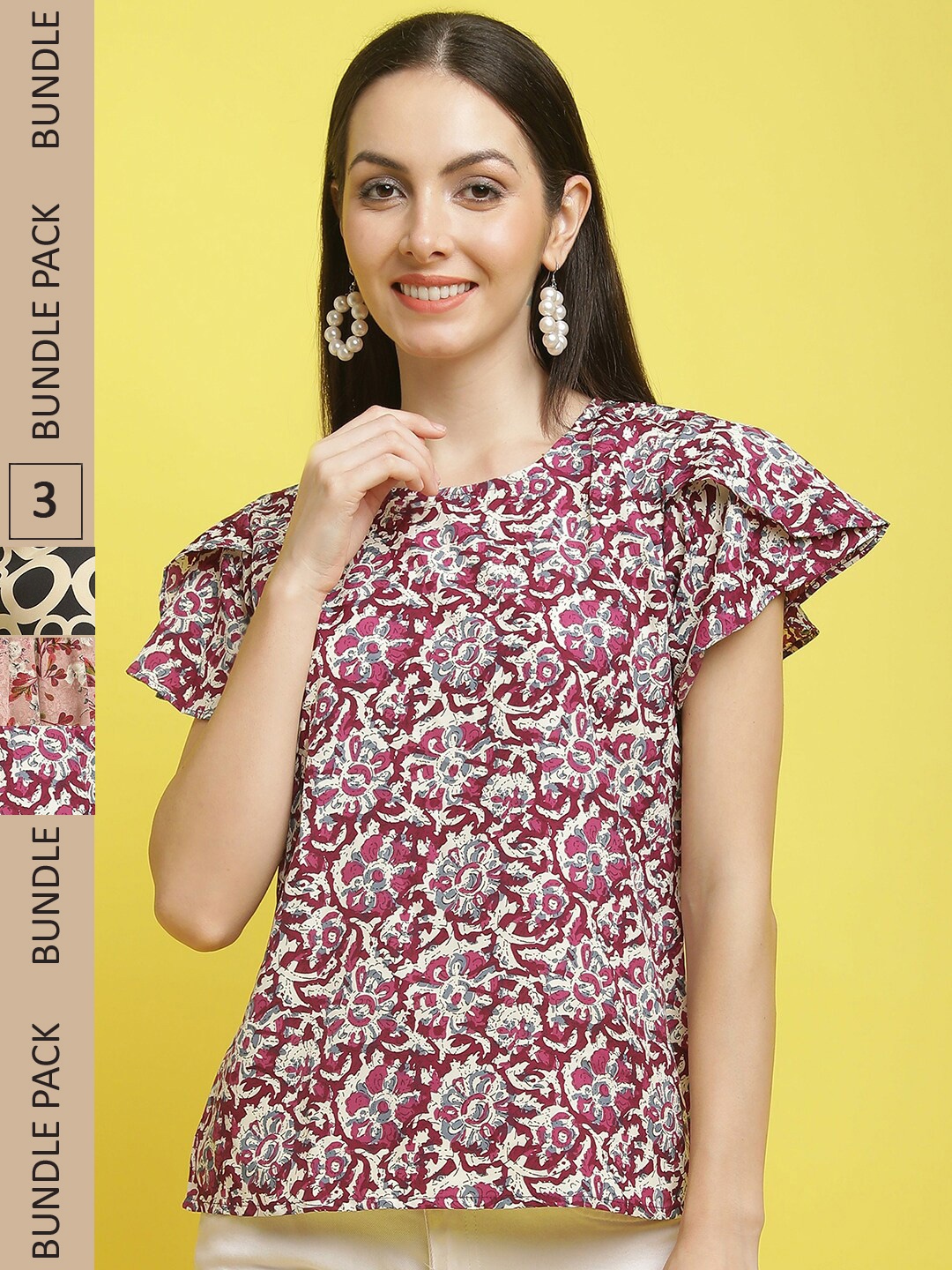 

Poshyaa Pack Of 3 Floral Printed Empire Top, Maroon
