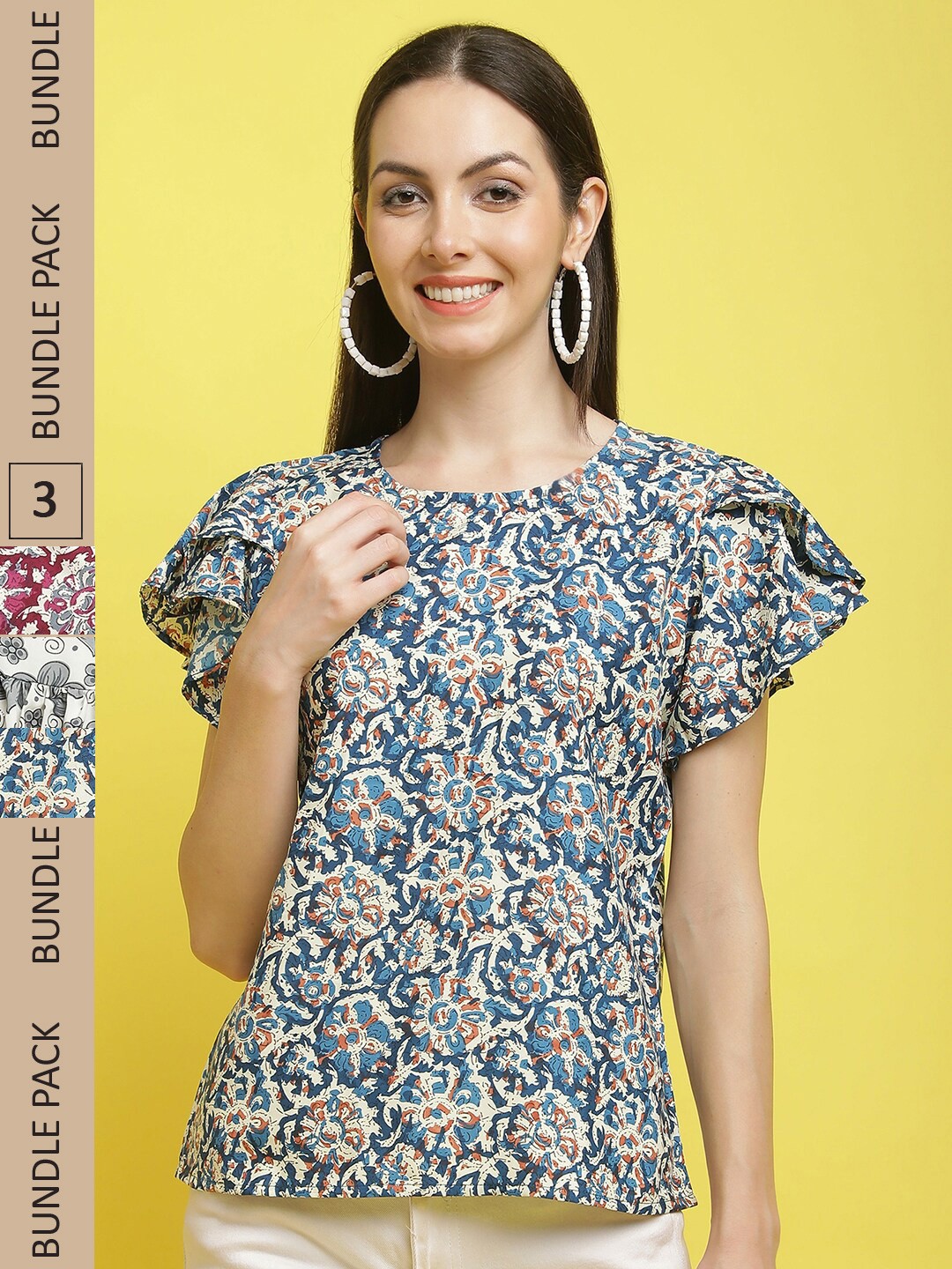 

Poshyaa Pack Of 3 Floral Print Flared Sleeves Tops, Blue