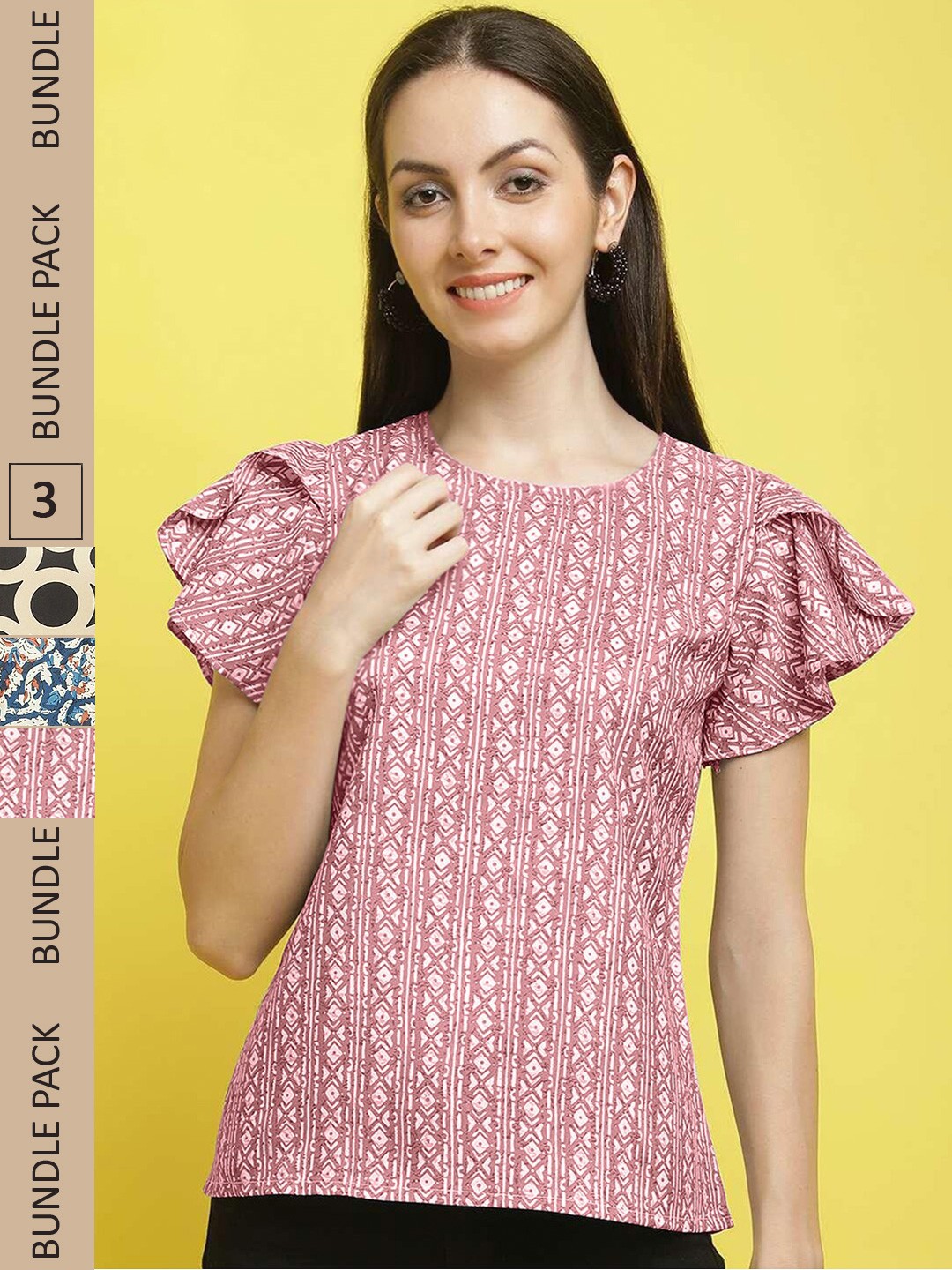 

Poshyaa Pack Of 3 Floral Printed Flutter Sleeve Top, Pink