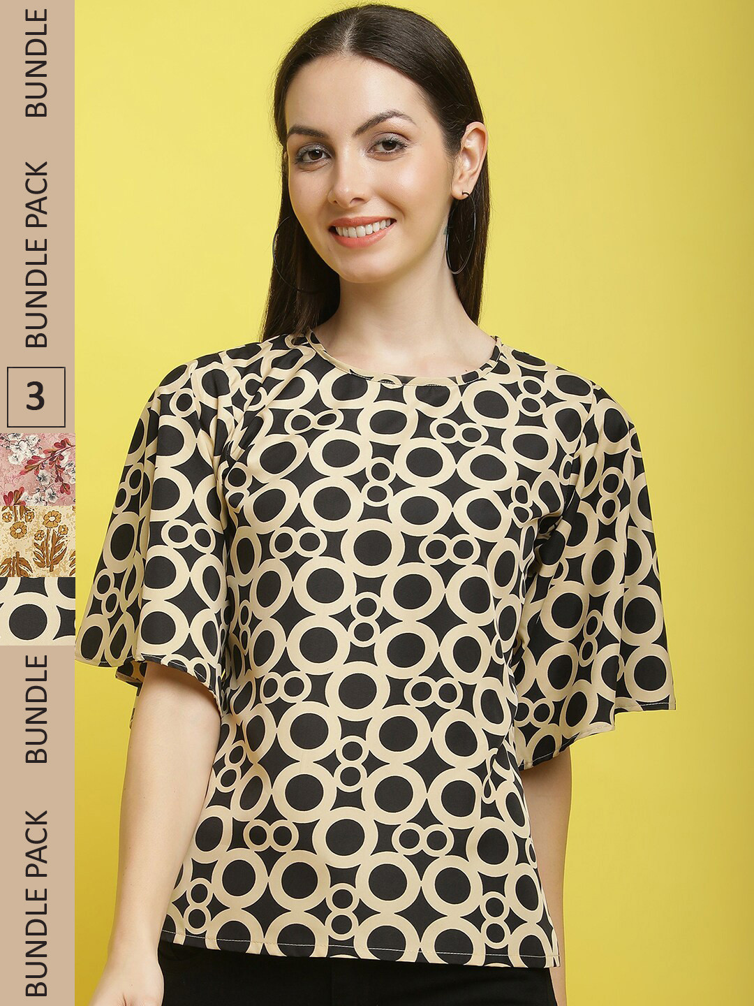 

Poshyaa Pack Of 3 Printed Flared Sleeves Top, Black