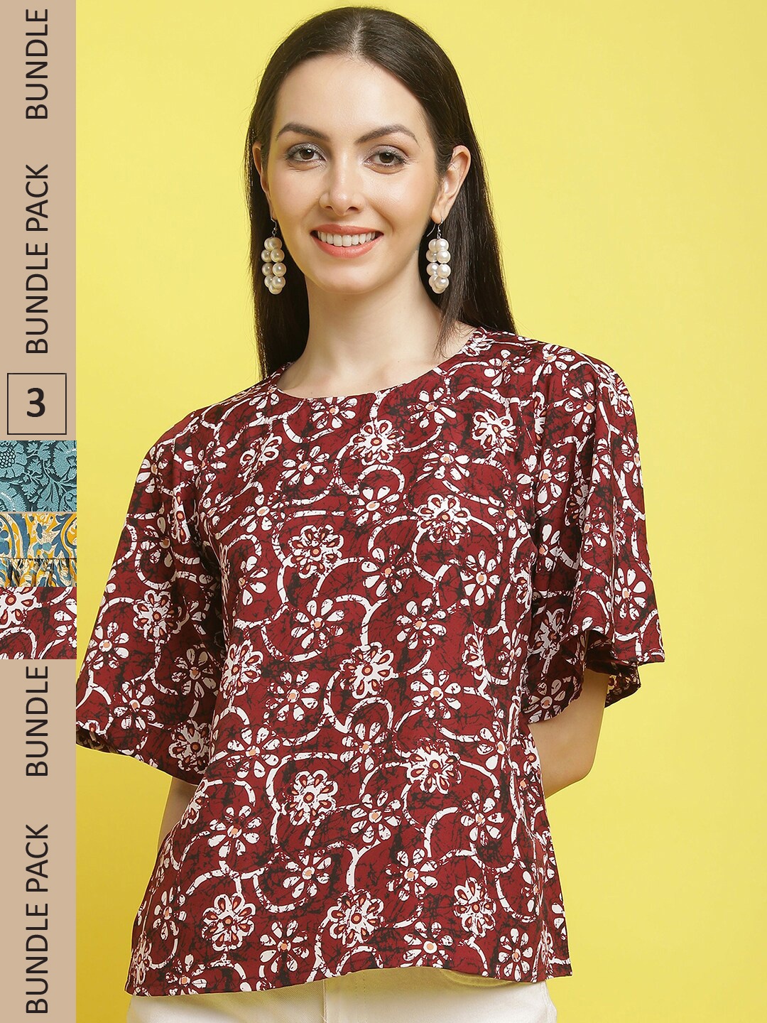 

Poshyaa Pack Of 3 Floral Printed Empire Top, Maroon