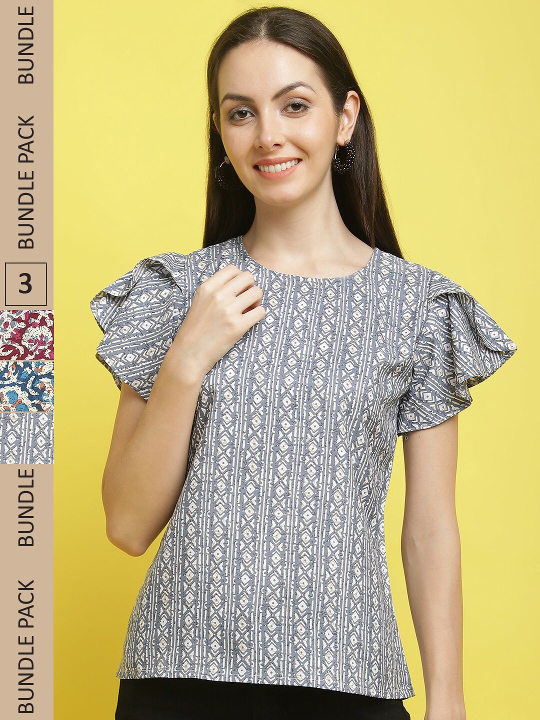 

Poshyaa Pack Of 3 Floral Printed Flutter Sleeve Crepe Top, Blue
