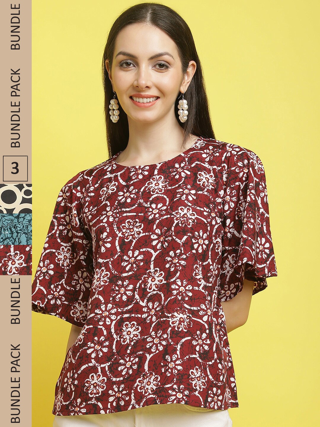 

Poshyaa Pack Of 3 Printed Flared Sleeves Top, Black
