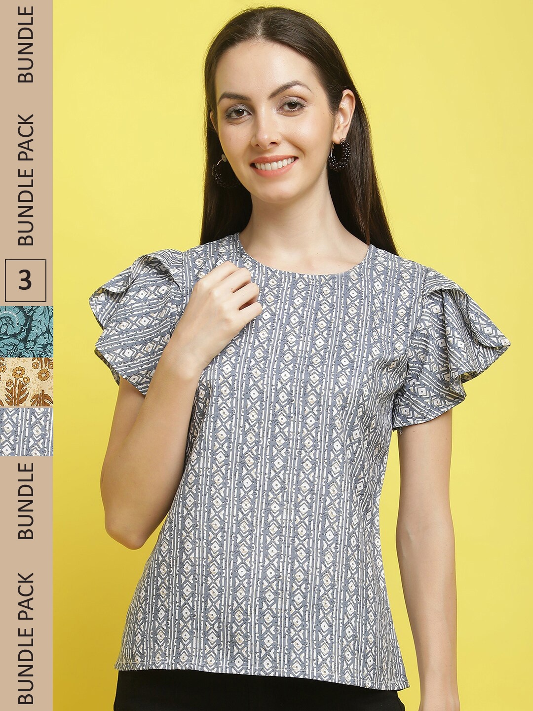

Poshyaa Pack Of 3 Ethnic Motifs Printed Flutter Sleeves Top, Grey