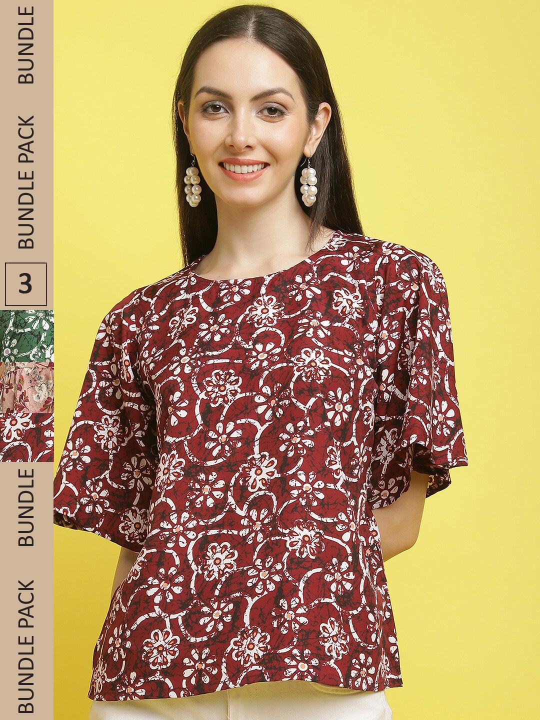 

Poshyaa Pack Of 3 Floral Printed Tops, Maroon