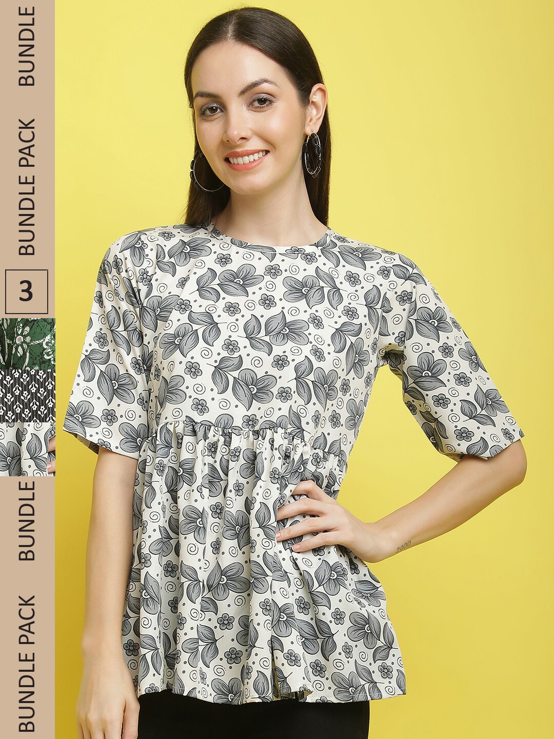 

Poshyaa Pack Of 3 Floral Printed Peplum Top, Green