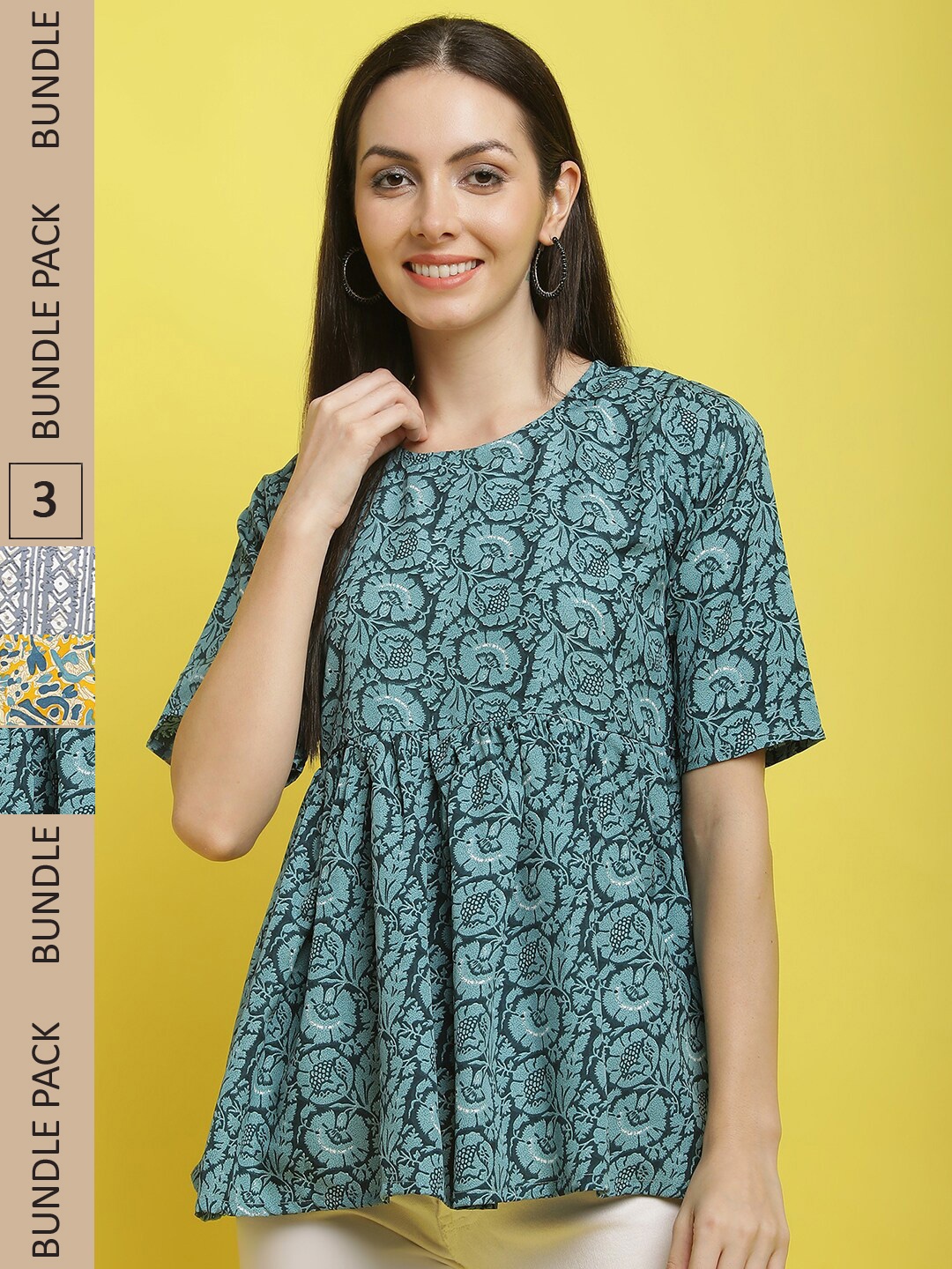 

Poshyaa Pack Of 3 Floral Printed Empire Top, Blue