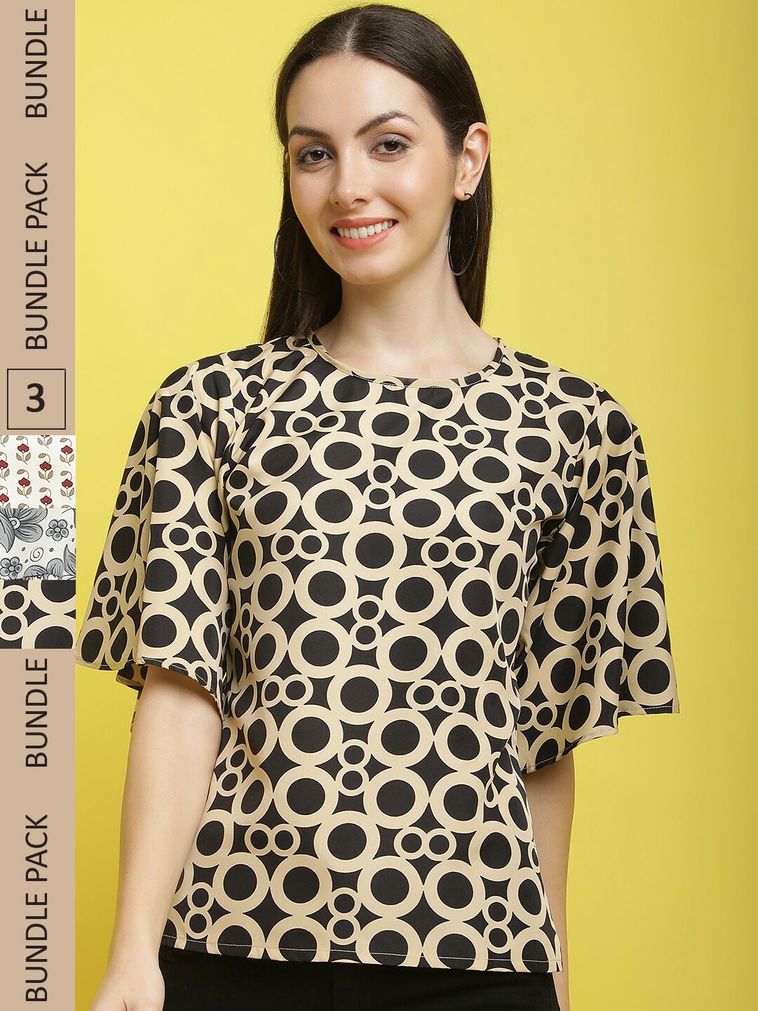 

Poshyaa Pack Of 3 Geometric Print Flared Sleeve Crepe Top, Yellow