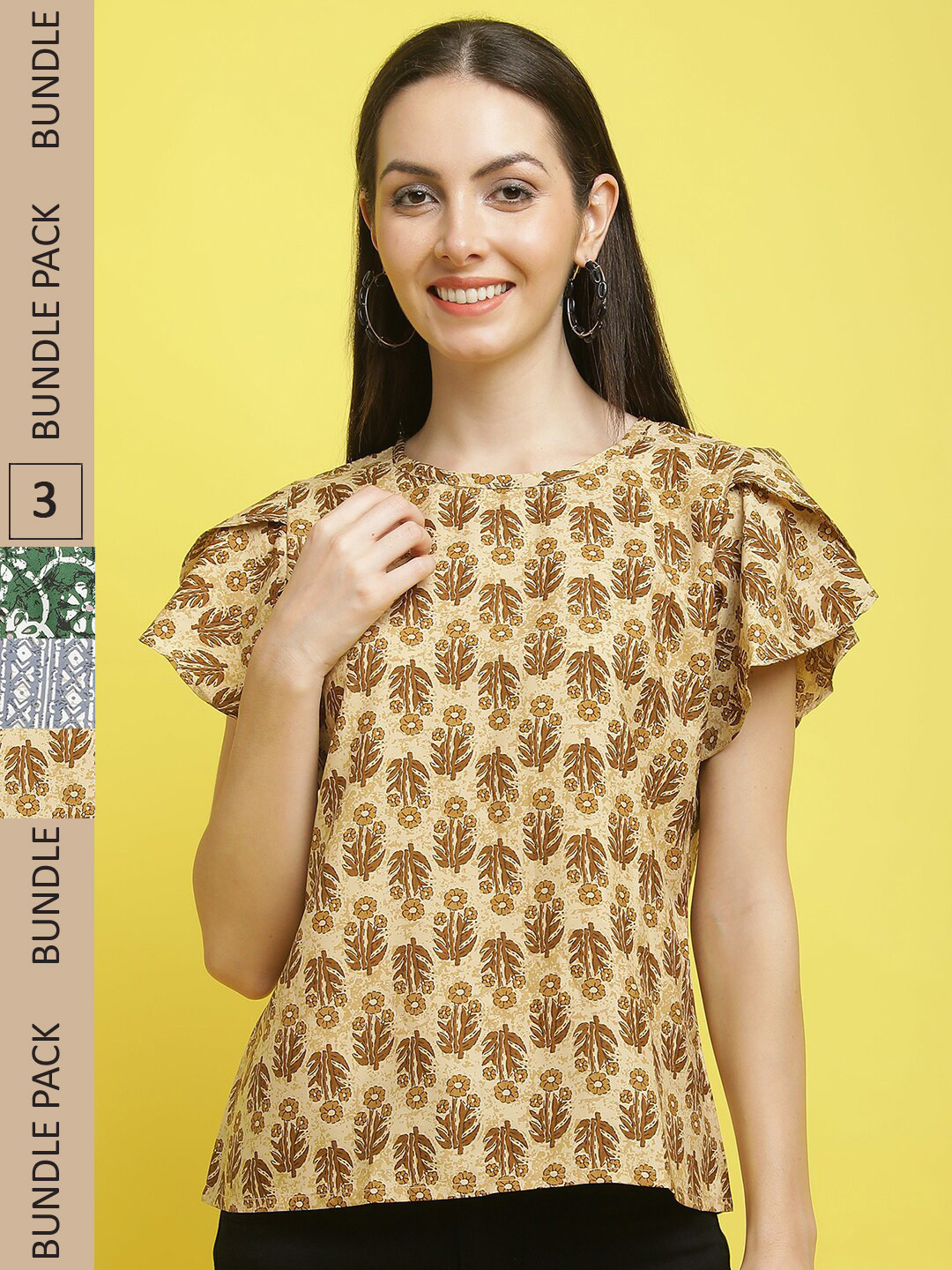 

Poshyaa Pack Of 3 Printed Flutter Sleeve Tops, Brown