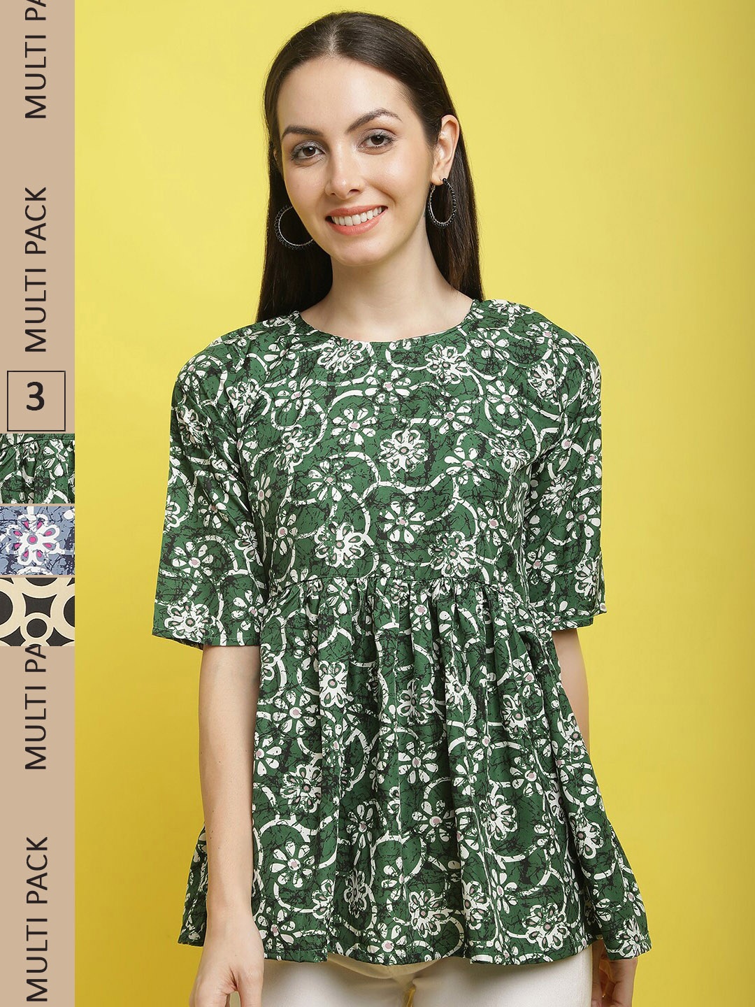 

Poshyaa Pack Of 3 Floral Printed Casual Crepe Tops, Green