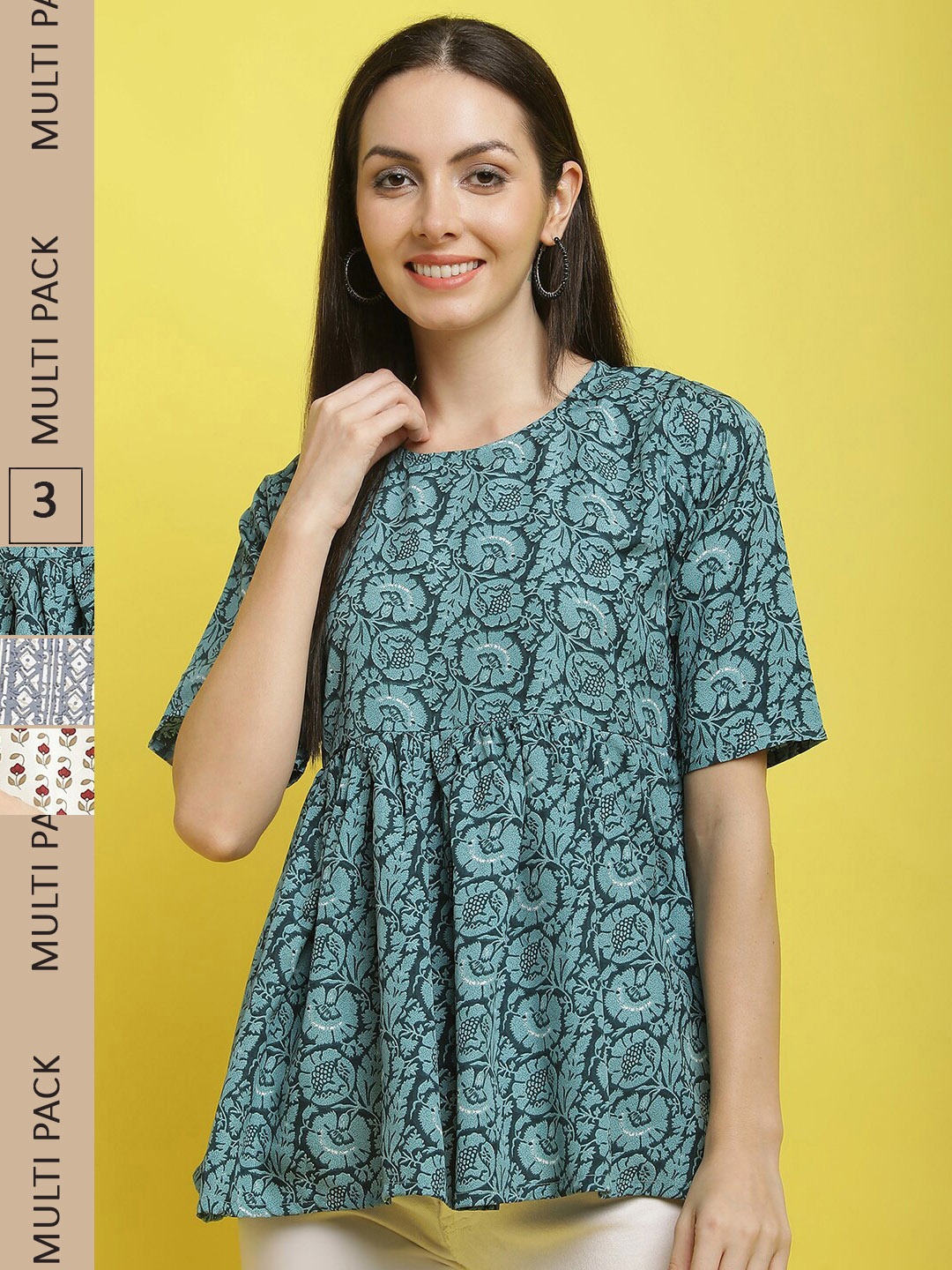 

Poshyaa Pack Of 3 Floral Printed Casual Crepe Tops, Green
