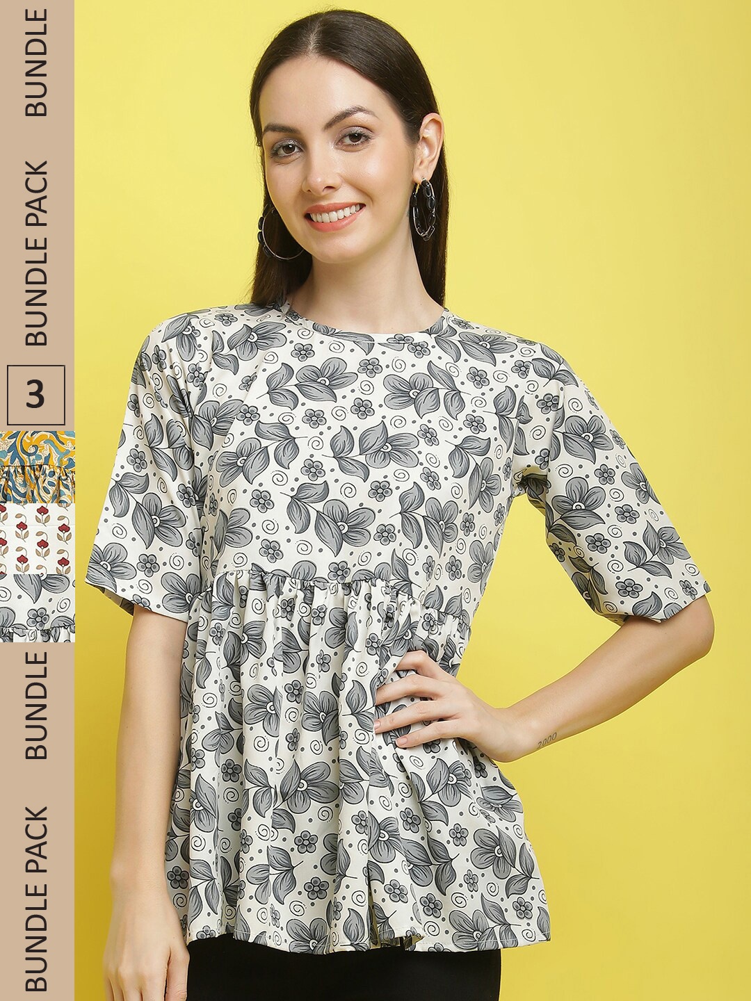 

Poshyaa Pack Of 3 Floral Printed Flutter Sleeves Top, White