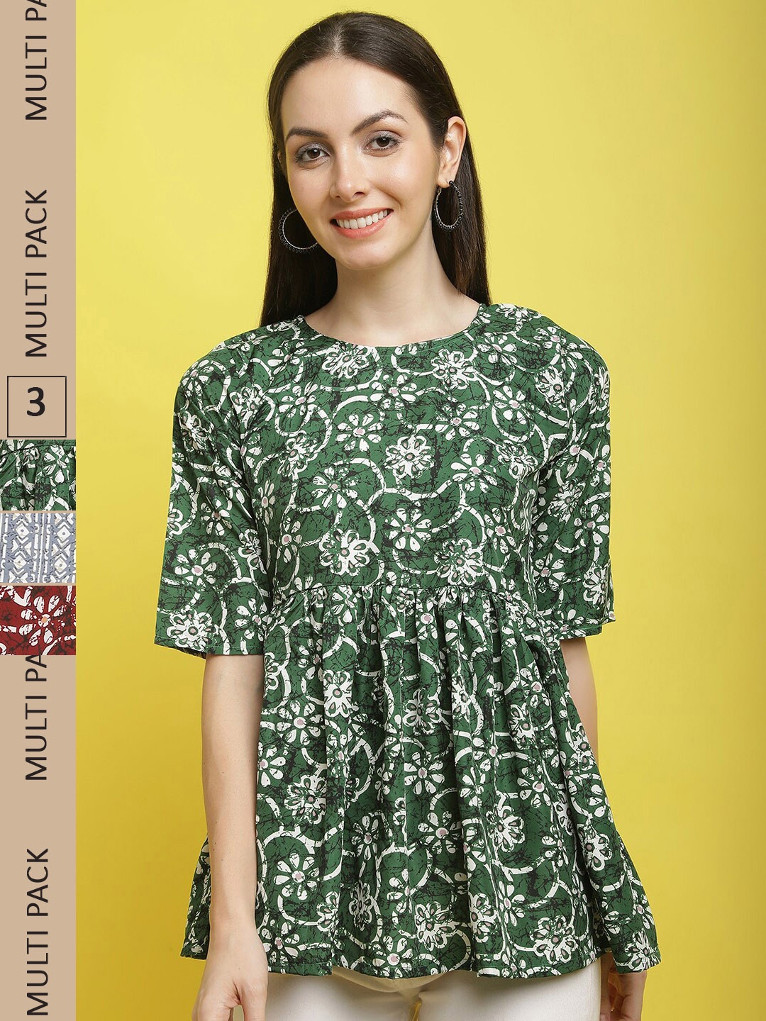 

Poshyaa Pack Of 3 Ethnic Motifs Printed Flutter Sleeve Empire Top, Green