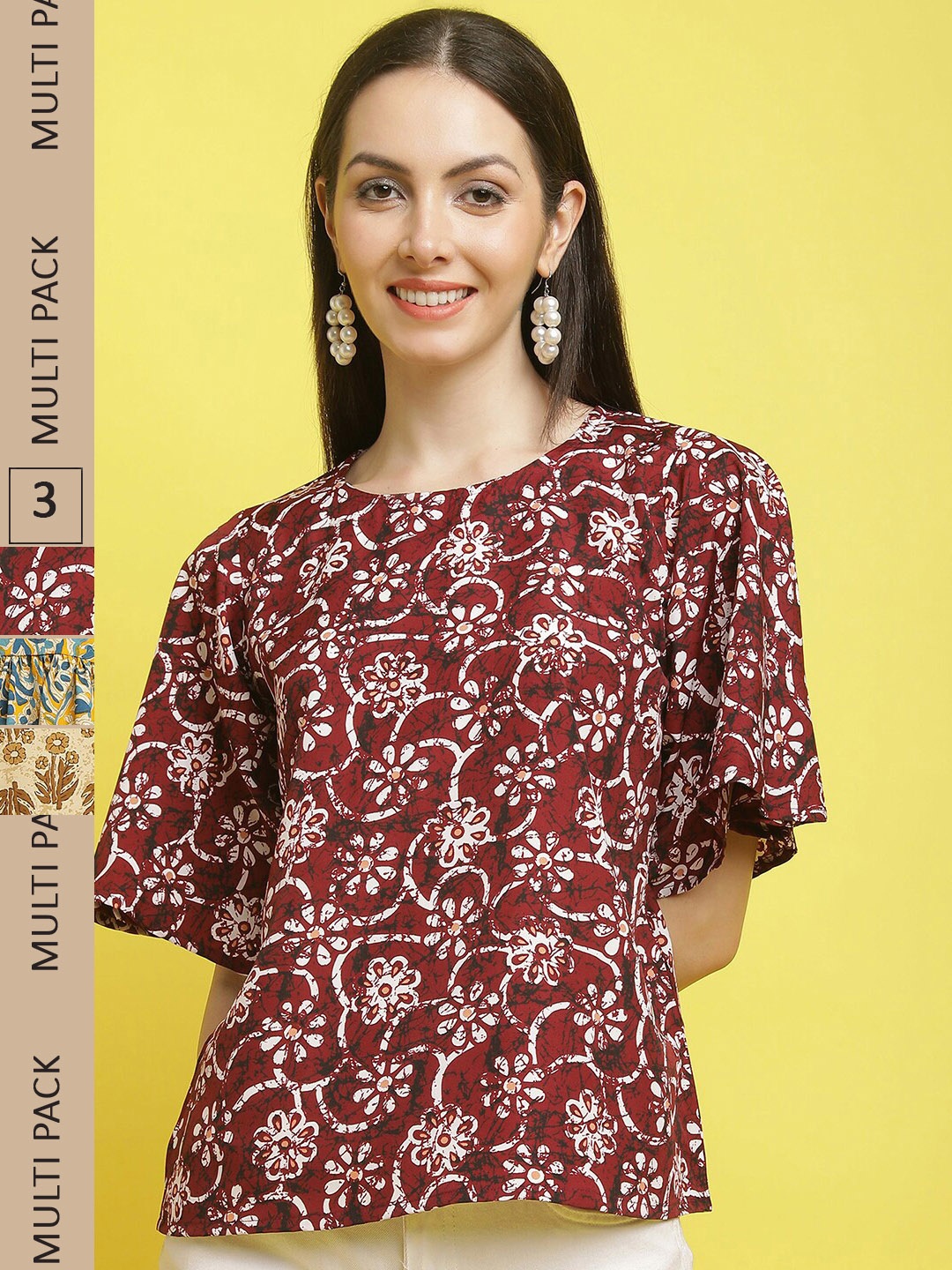 

Poshyaa Pack Of 3 Printed Crepe Top, Maroon