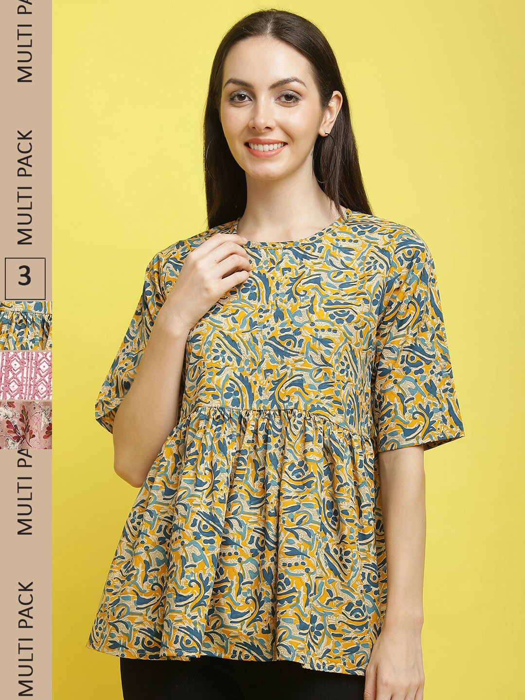 

Poshyaa Pack Of 3 Floral Printed Casual Crepe Tops, Yellow