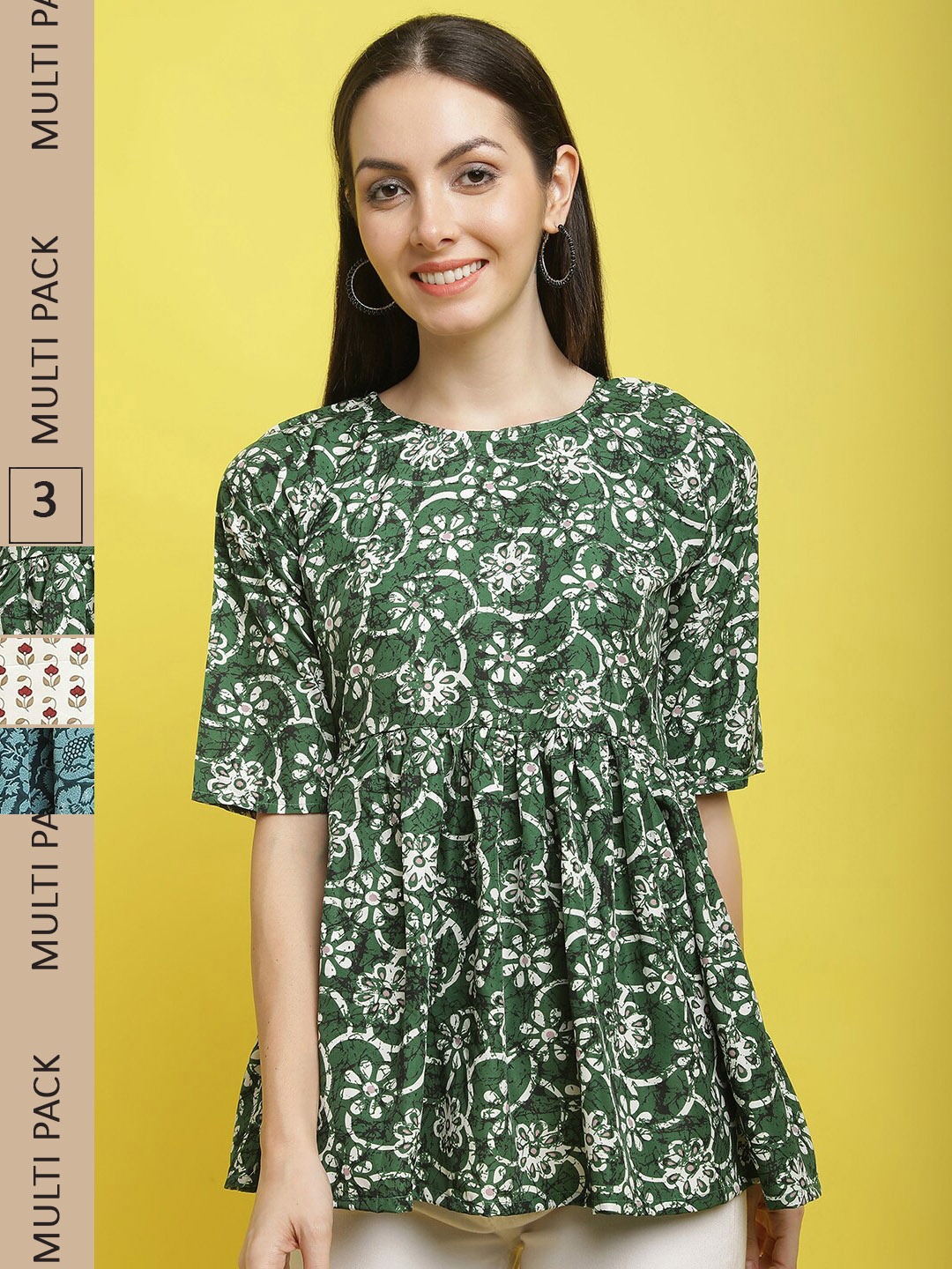 

Poshyaa Pack Of 3 Floral Printed Casual Crepe Tops, Green