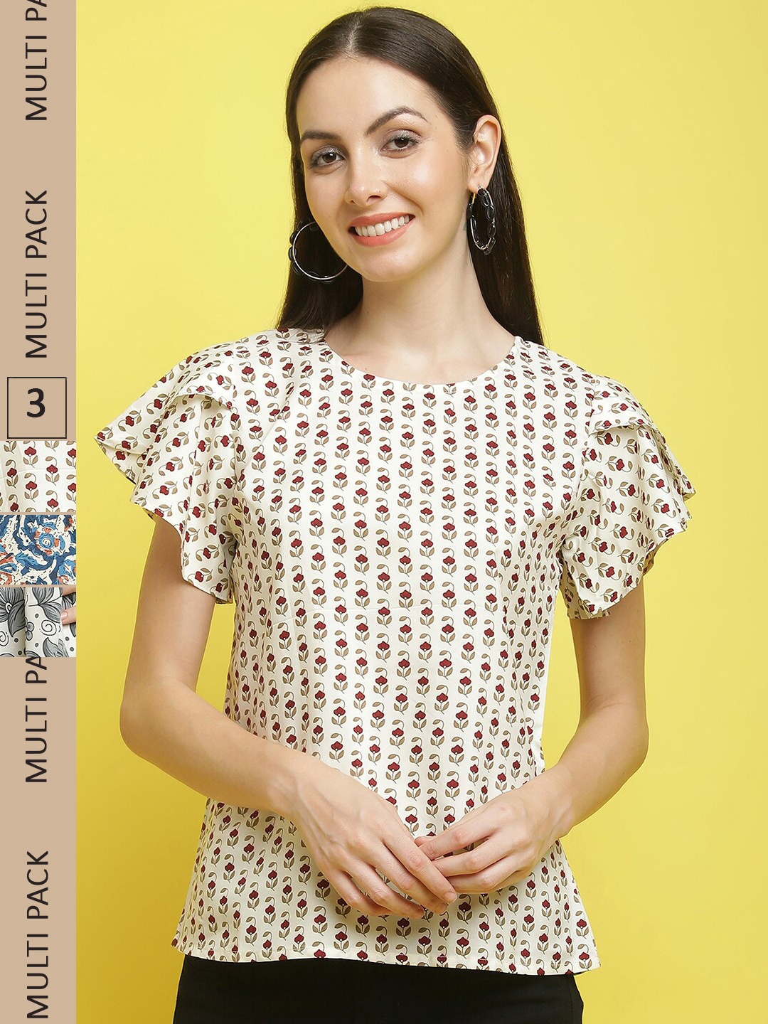 

Poshyaa Pack Of 3 Floral Printed Casual Crepe Tops, Cream
