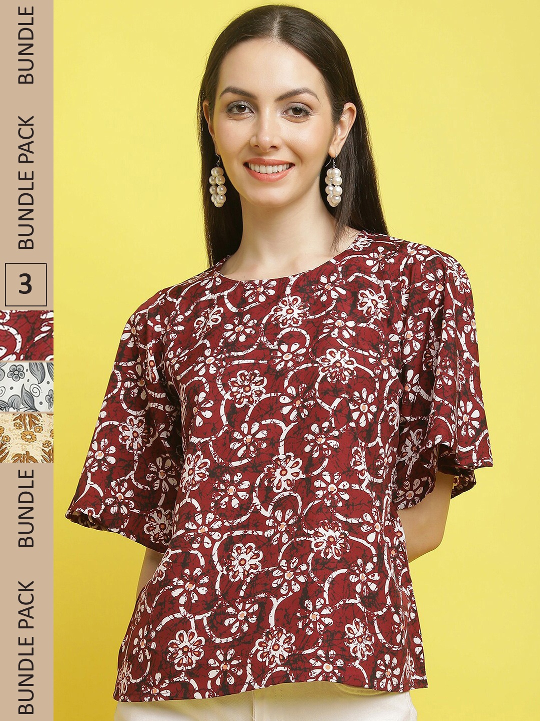 

Poshyaa Pack Of 3 Floral Printed Casual Crepe Tops, Maroon