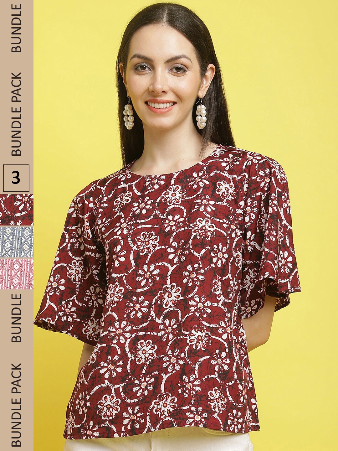

Poshyaa Pack of 3 Printed Round Neck Tops, Maroon