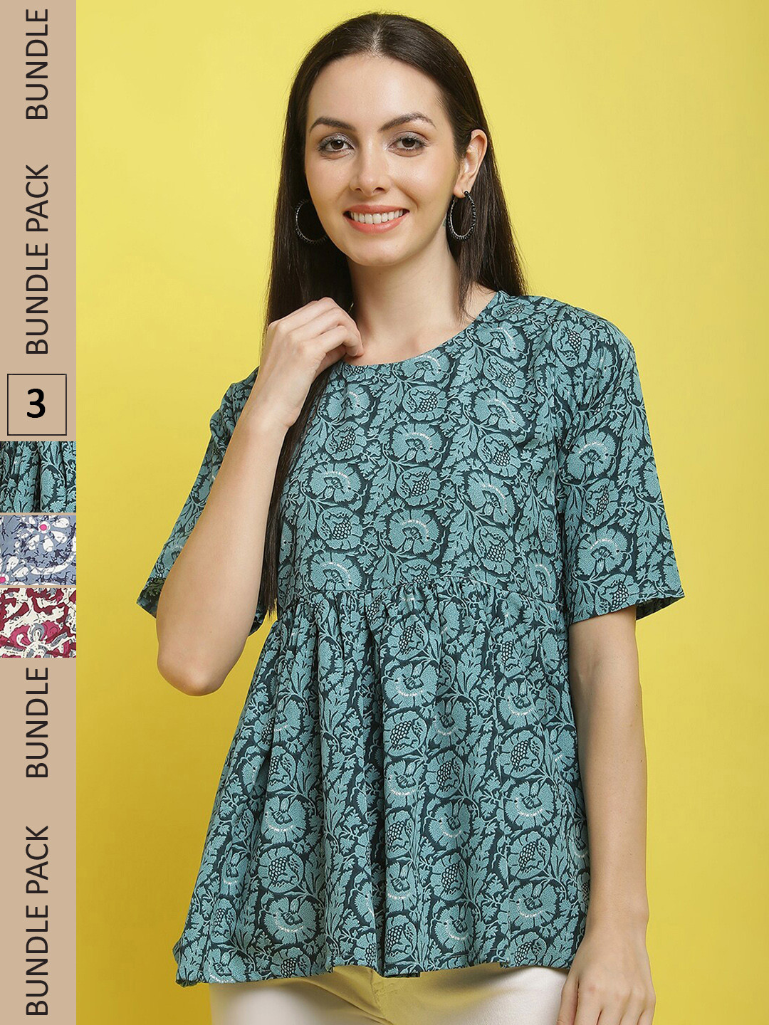 

Poshyaa Pack Of 3 Floral Printed Flared Sleeves Top, Green