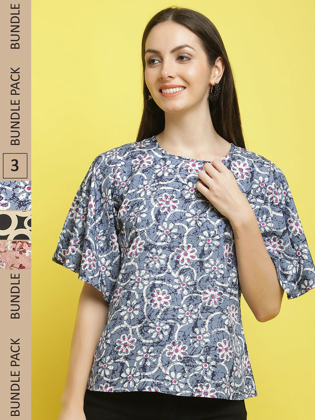 

Poshyaa Pack Of 3 Floral Printed Empire Top, Grey