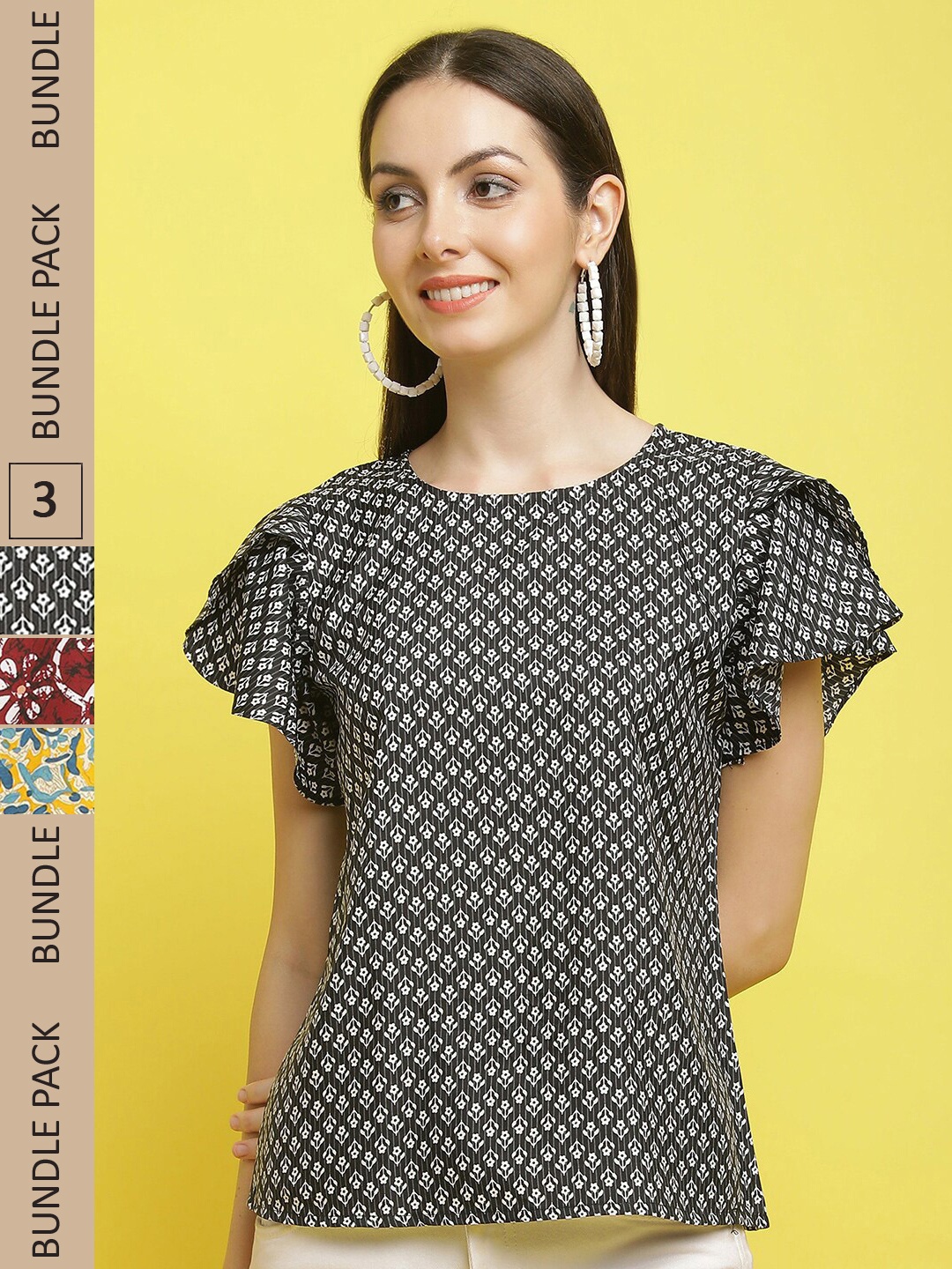 

Poshyaa Pack Of 3 Floral Print Flared Sleeves Tops, Black