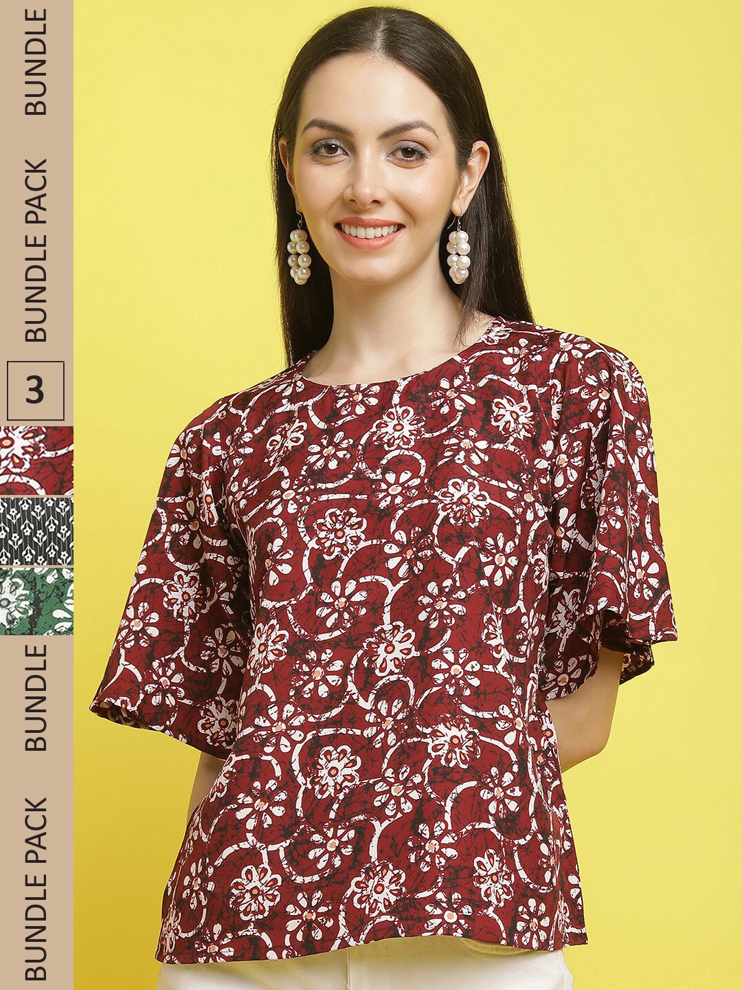 

Poshyaa Pack Of 3 Floral Printed Flutter Sleeves Regular Tops, Maroon