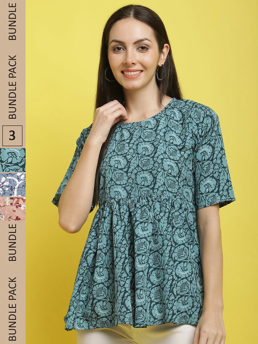 

Poshyaa Pack Of 3 Floral Printed Empire Top, Green