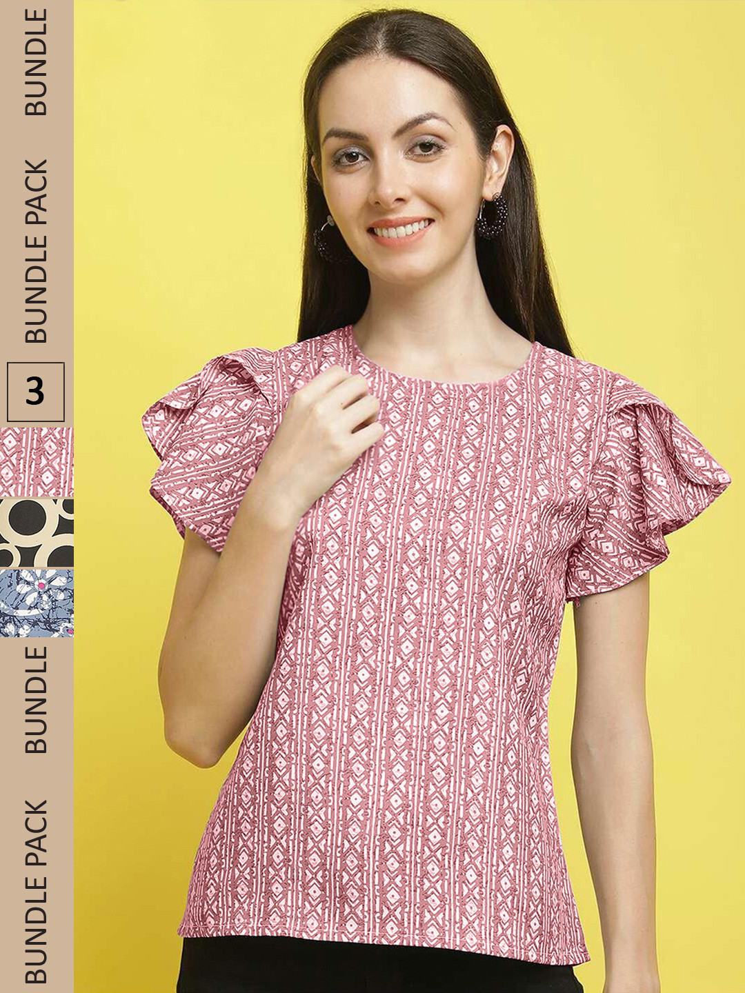 

Poshyaa Pack Of 3 Floral Printed Flared Sleeves Top, Pink