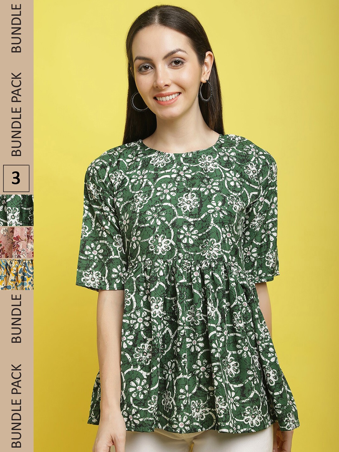 

Poshyaa Pack Of 3 Floral Printed Empire Top, Green