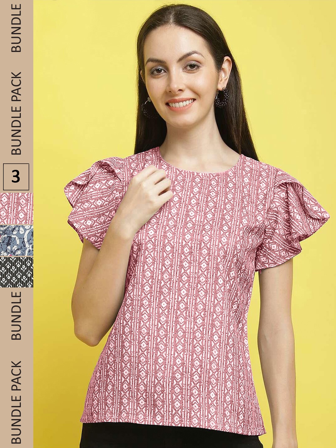 

Poshyaa Pack of 3 Printed Round Neck Tops, Pink