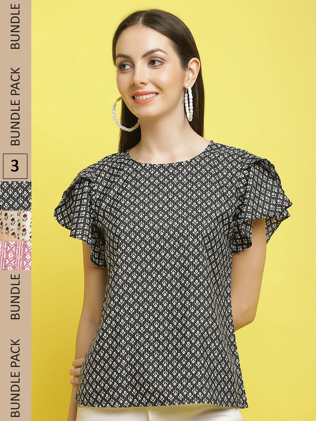 

Poshyaa Pack Of 3 Printed Flutter Sleeves Tops, Black