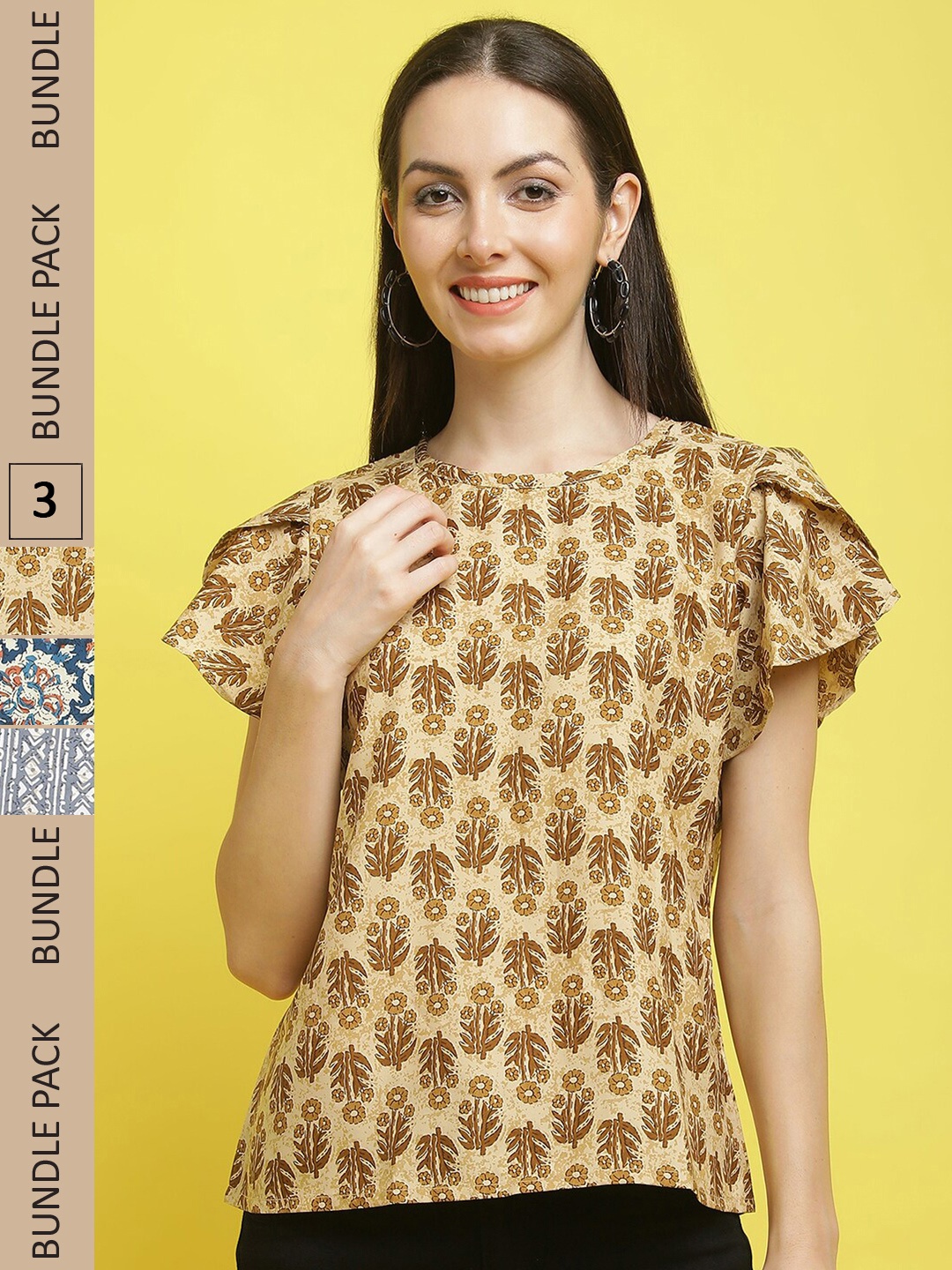 

Poshyaa Pack Of 3 Floral Print Flutter Sleeve Tops, Beige