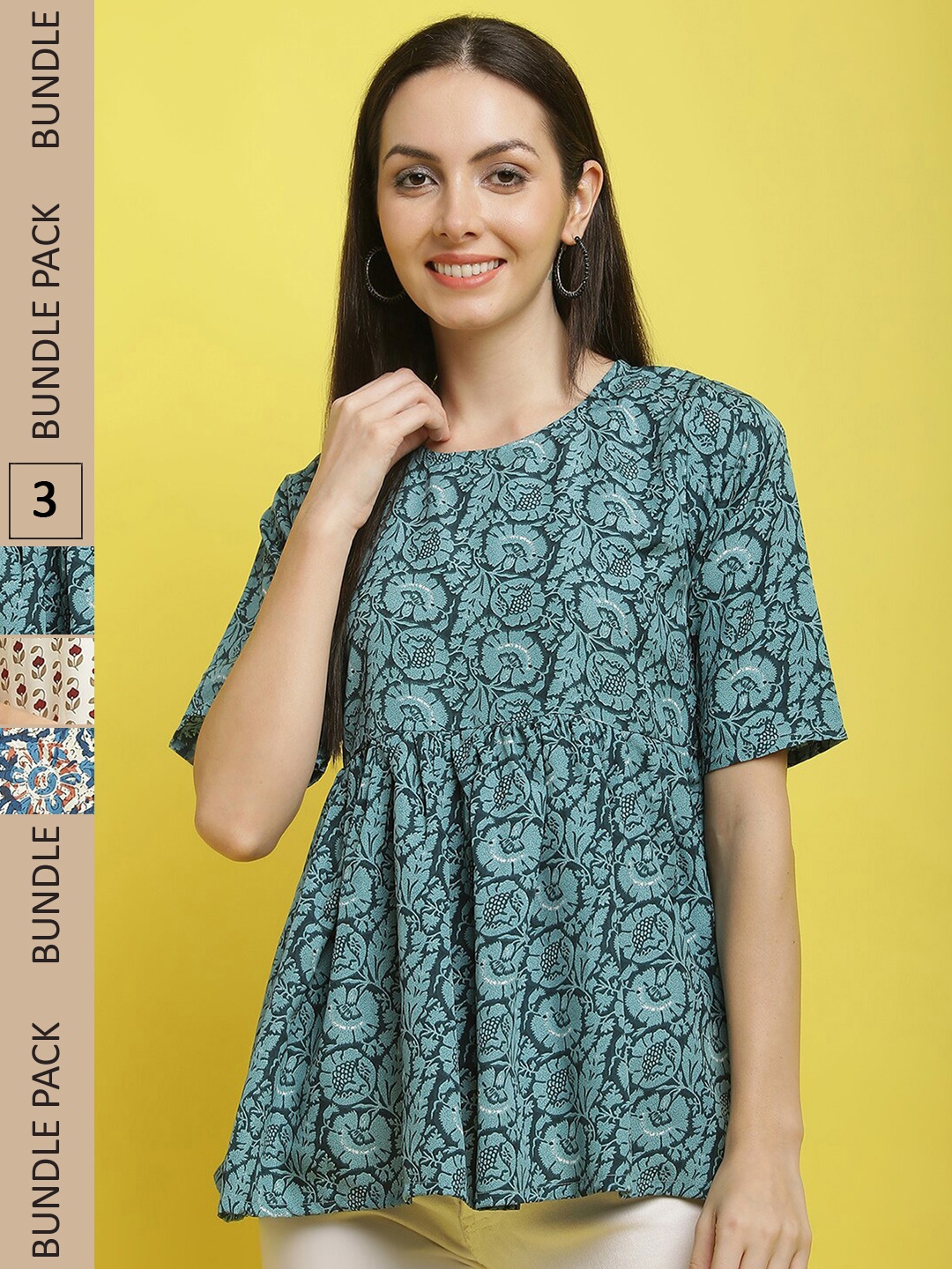 

Poshyaa Pack of 3 Printed Round Neck Tops, Green