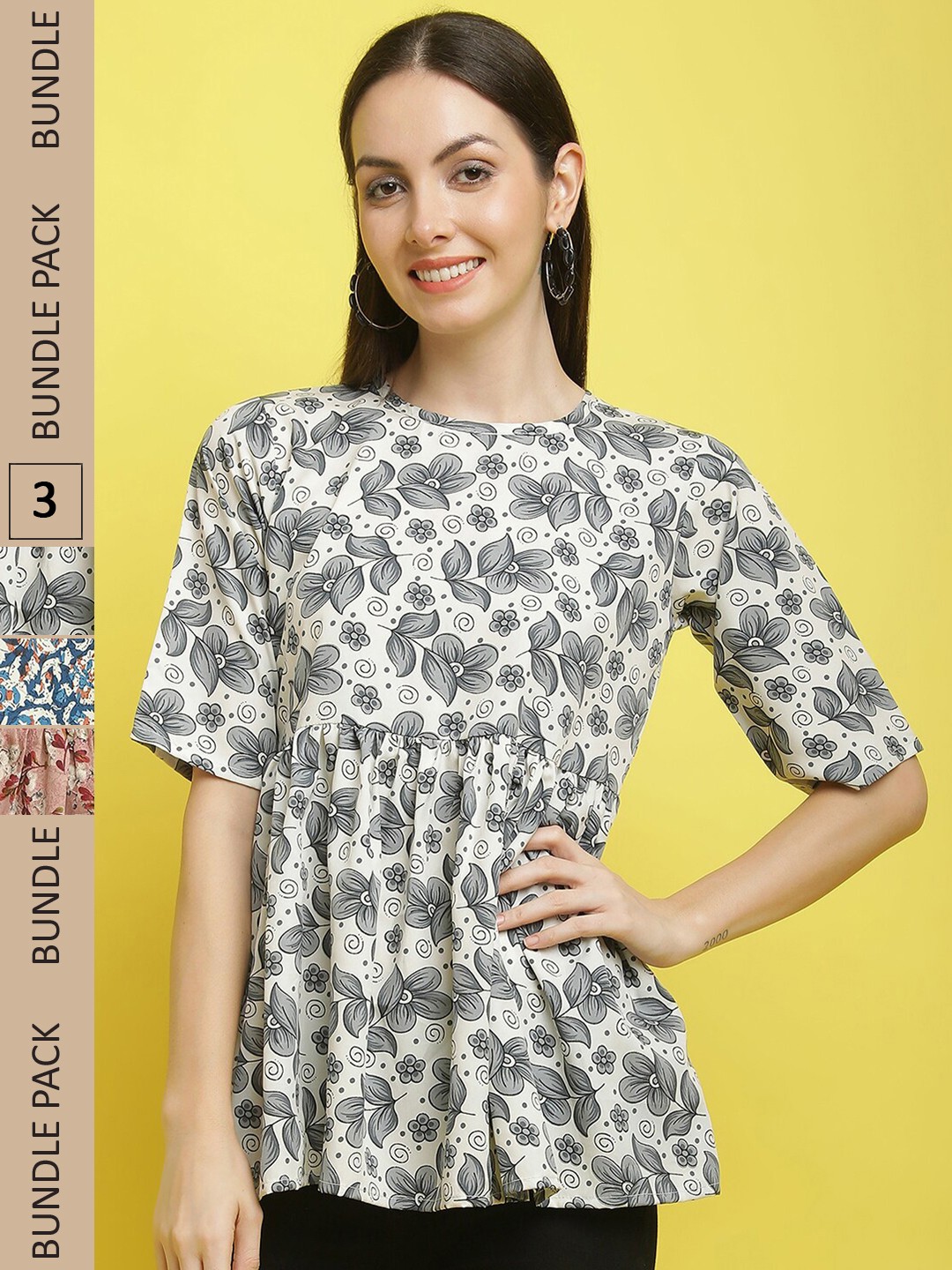 

Poshyaa Pack Of 3 Floral Printed Flared Sleeves Top, White