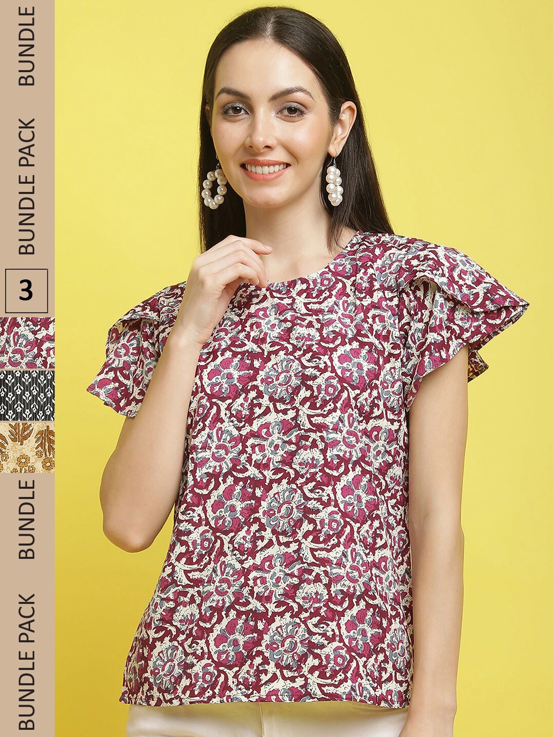 

Poshyaa Pack Of 3 Floral Printed Flared Sleeves Top, Maroon