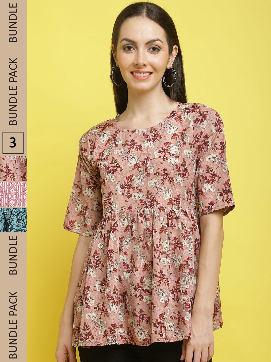 

Poshyaa Pack Of 3 Floral Print Crepe Top, Green