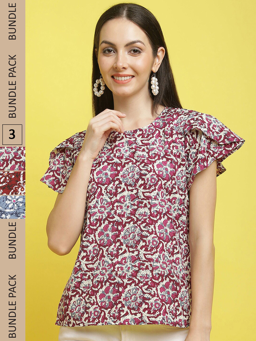 

Poshyaa Pack Of 3 Floral Printed Tops, Burgundy