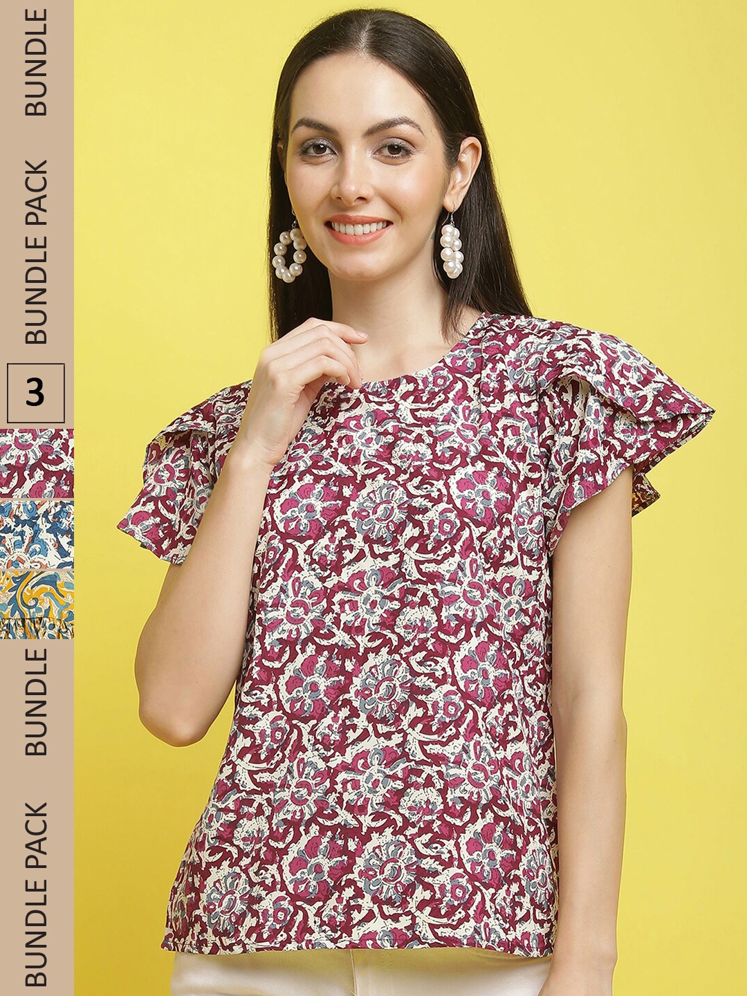 

Poshyaa Pack Of 3 Ethnic Motifs Printed Empire Top, Maroon