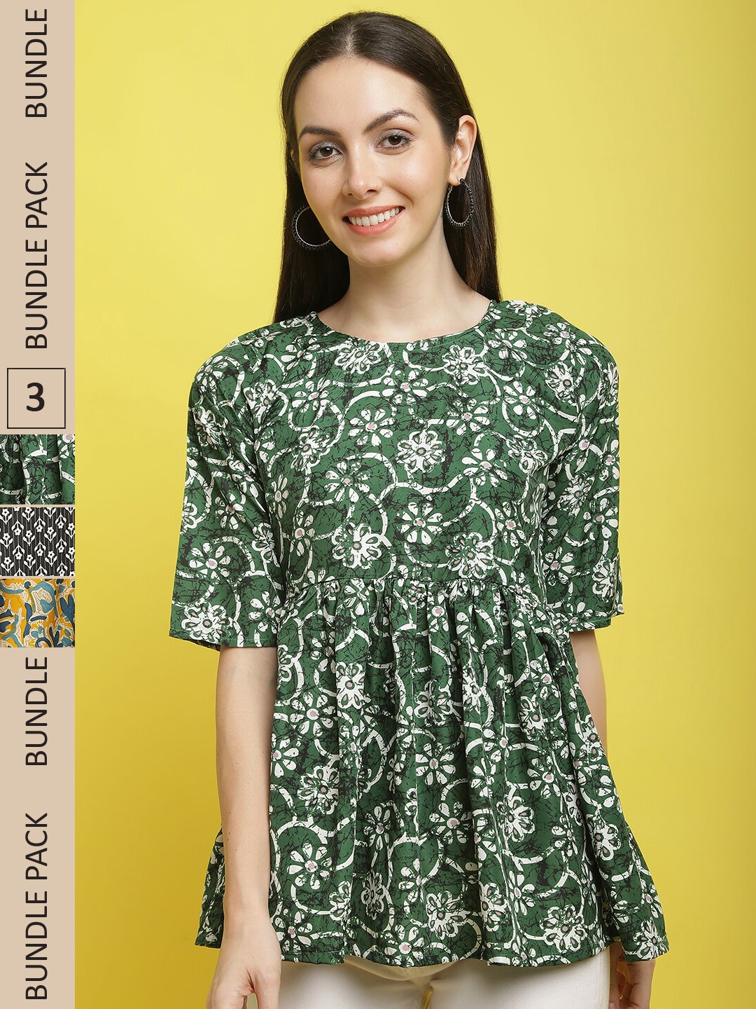 

Poshyaa Pack Of 3 Floral Printed Tops, Green